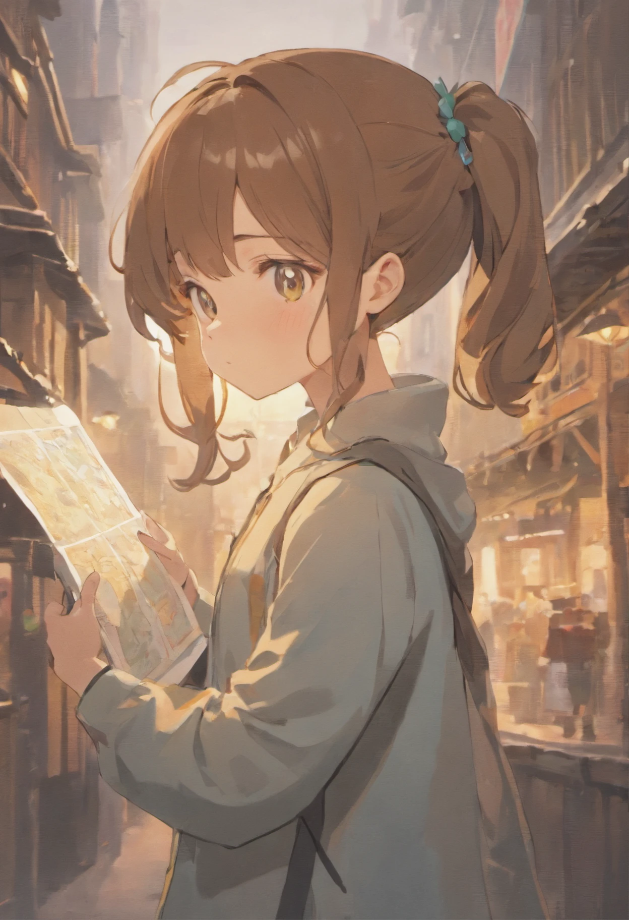 Ah, what a charming scene! A little 6 year old girl, brown hair tied in a cute ponytail, holding a map with curious little eyes. The map glows, reflecting its light on the girl's adorable face. All this in a children's book style, with soft colors and a white background to highlight the sweetness of the scene.