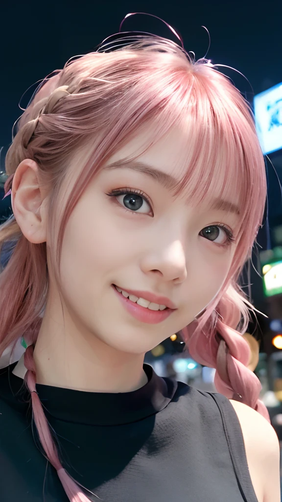 女の子1人、on tokyo street、natta、A city scape、city light、The upper part of the body、up close shot、Blue eyes,Full body,faces、(A smile:1.5)、small tits、Black long-sleeved uniform、(8K、Raw photography、top-quality、masterpiece:1.2)、(realisitic、photoRealstic:1.37), (Pink hair), Ear Hair, small tits, Single braid, (Single braid), (Side braid)