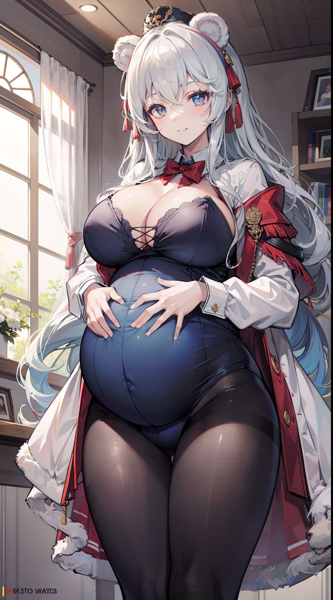 Light smile, whaite hair, 8K, Best quality,big boobs,longer hair,black pantyhose,bunny girl clothes.bear ears,pregnant