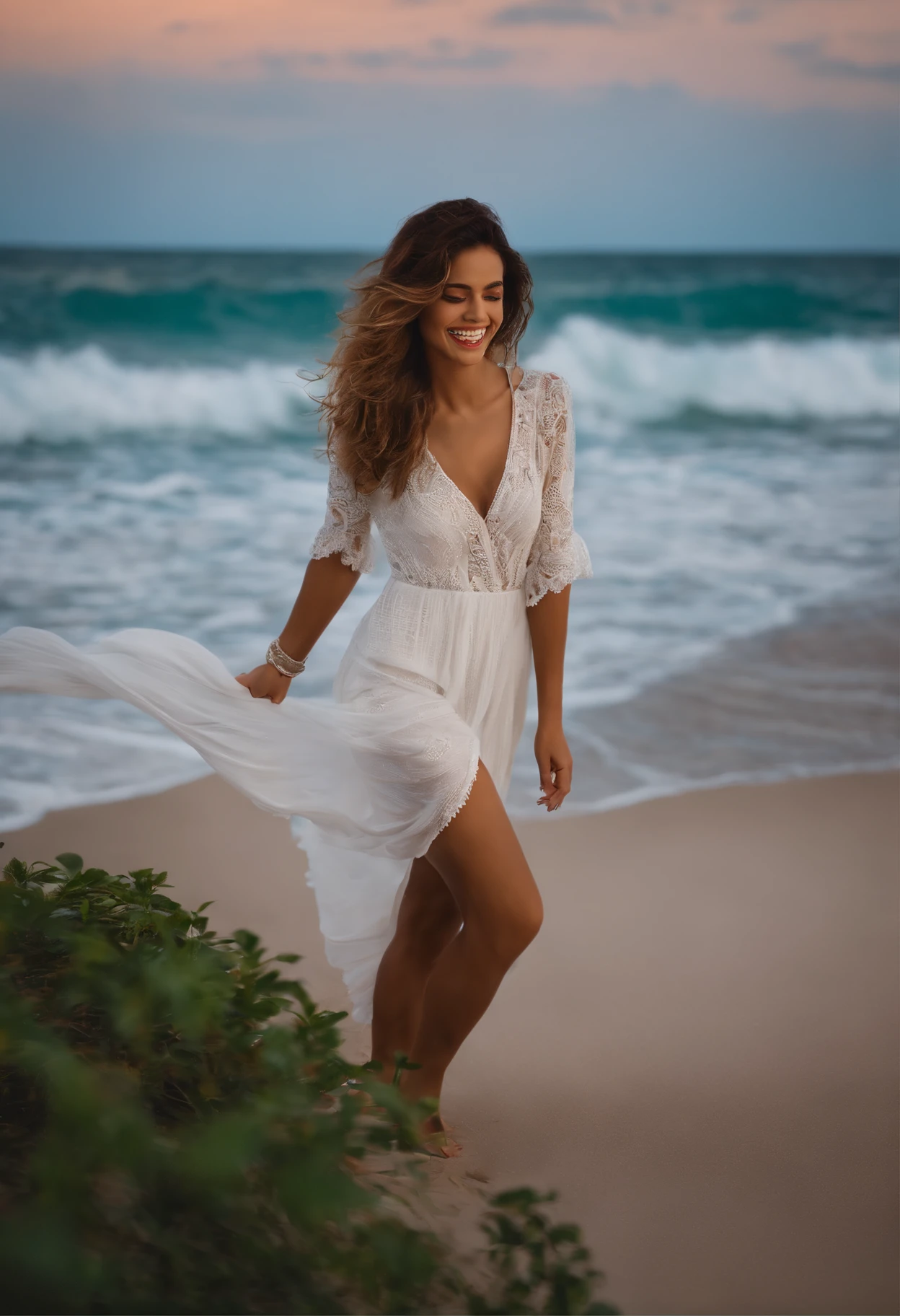 Criar imagem de mulher alegre e sorridente, realista passeando na beira da praia.