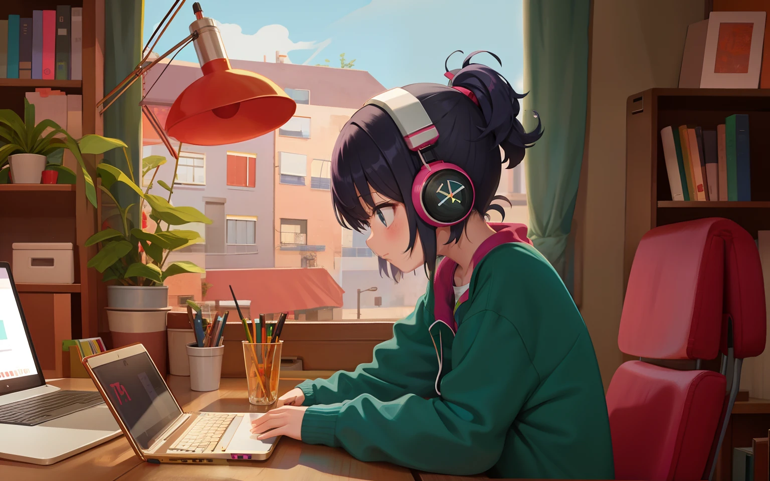 anime sentada em uma mesa com um laptop e fones de ouvido em, menina Elogio Artstyle, Retrato de Lofi, Arte Lofi, Lofi Sensation, zero, ZERO vibrations, Chillhop, lofi girl aesthetic, Arte Lo-fi, cores ZERO, lo-fi illustration style, Hip Hop Lofi, lofi aesthetic