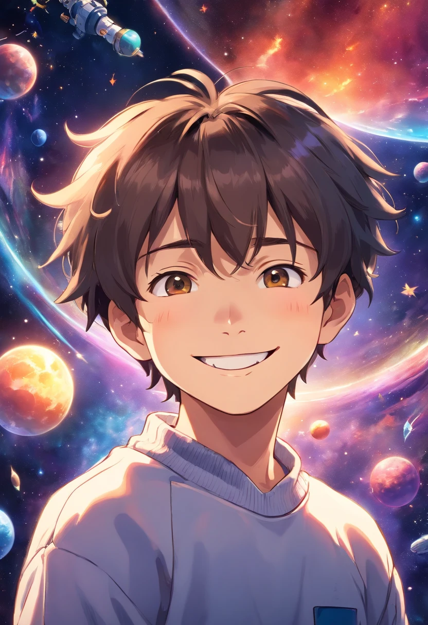 (smiling boy, anime style, space background, sweatshirt clothes),(best quality, ultra-detailed, anime:1.37), colorful, vibrant colors, soft lighting, intense characters.