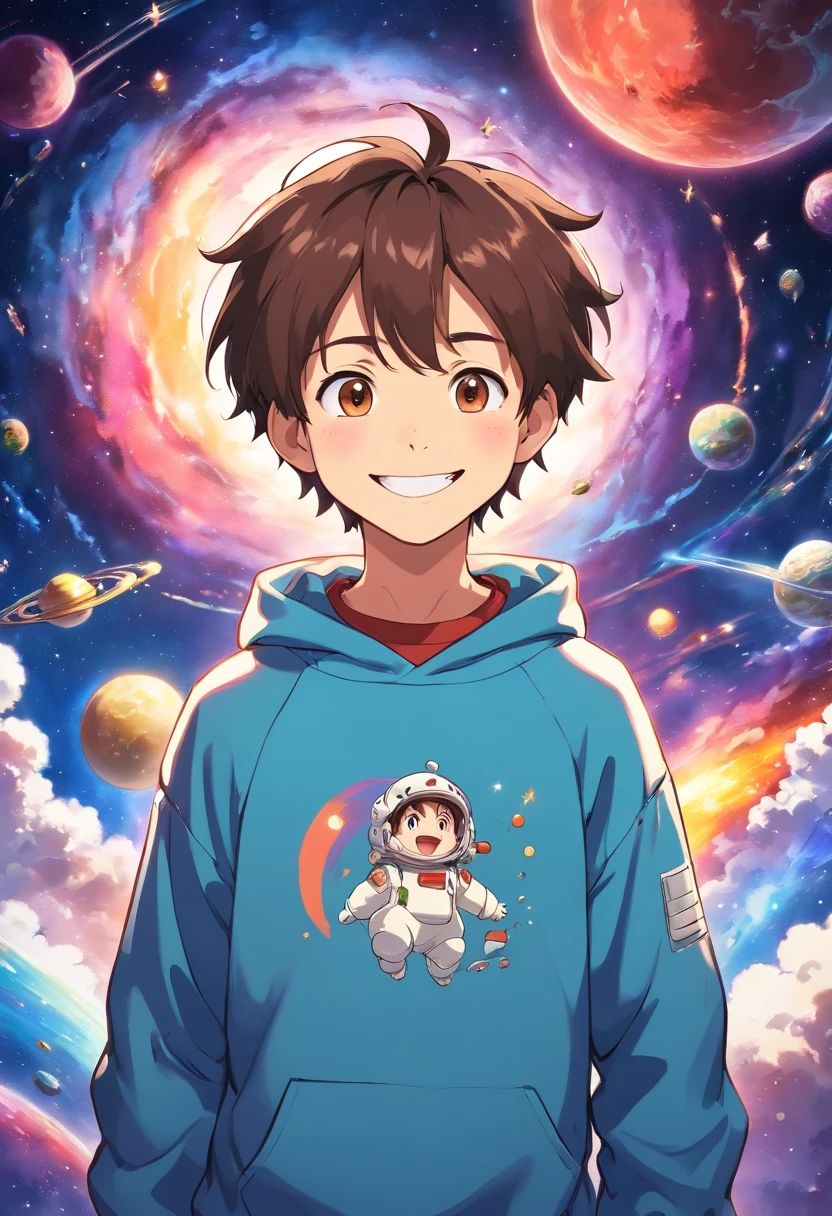 (smiling boy, anime style, space background, sweatshirt clothes),(best quality, ultra-detailed, anime:1.37), colorful, vibrant colors, soft lighting, intense characters.