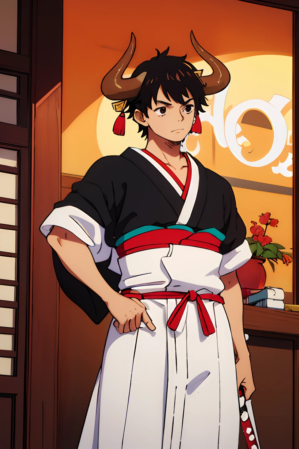 with brown skin,, black hair, white horns, japanese clothing, swords on his waist, samurai pose