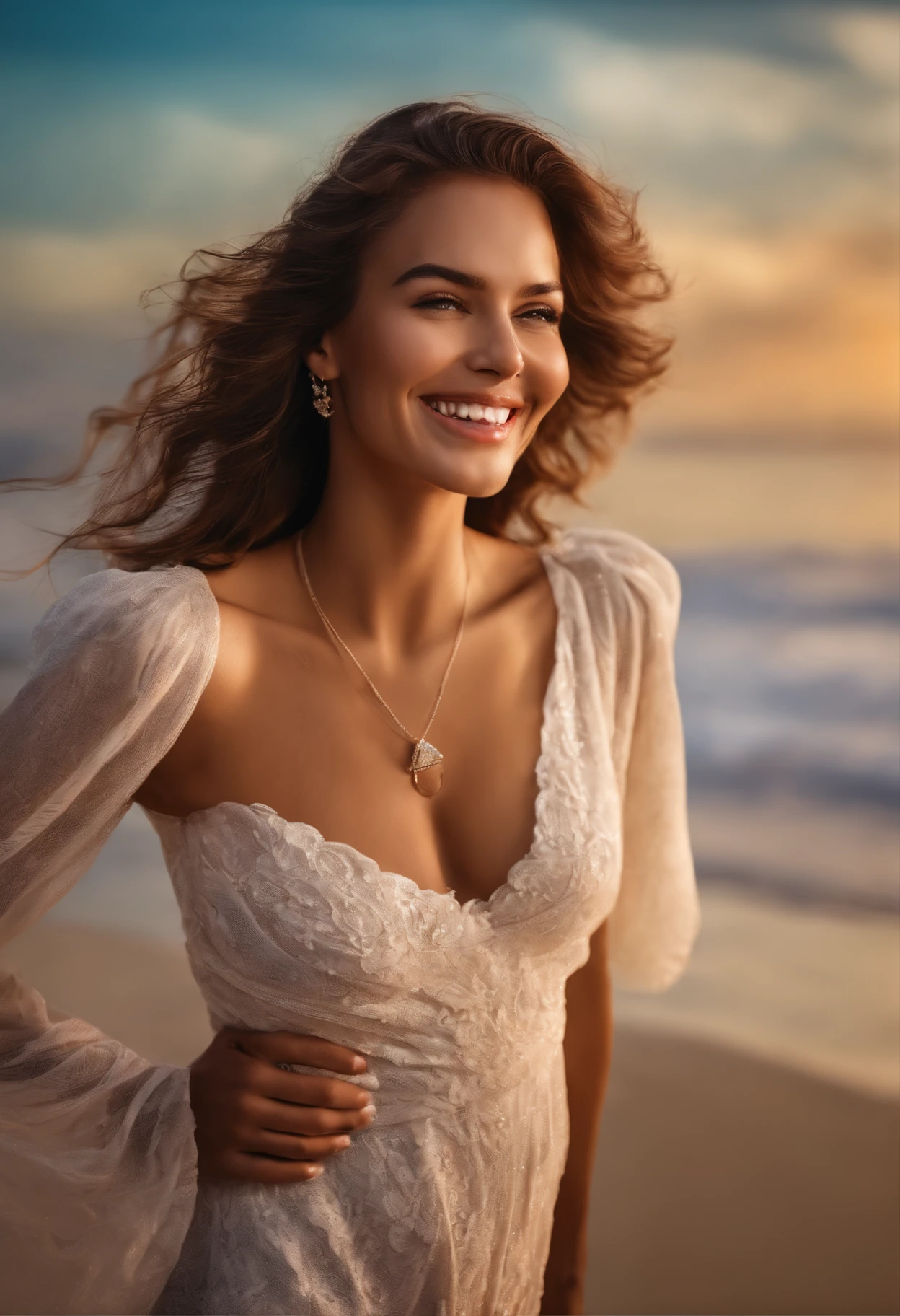 Criar imagem de mulher alegre e sorridente, realista passeando na beira da praia.