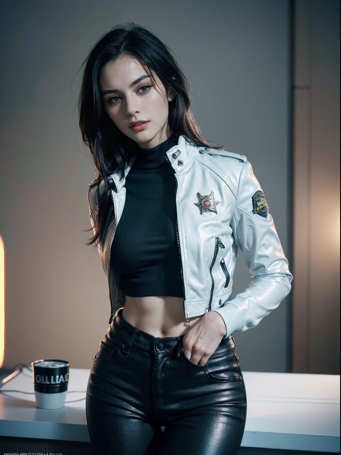 27 years old, gorgeous cute  Russian girl, smirk, freckles, (Portrait of natlp as a beautiful female model, georgia fowler, beautiful face, with short dark brown hair, in cyberpunk city at night. She is wearing a leather jacket, black jeans, dramatic lighting, (police badge:1.2), good young girl, (masterpiece:1.0),(best_quality:1.0), ultra high res,4K,ultra-detailed, photography, 8K, HDR, highres, absurdres:1.2, Kodak portra 400, blurry background, bokeh, lens flare, (vibrant_color:1.2),professional photograph, (beautiful_face:1.5),(narrow_waist).