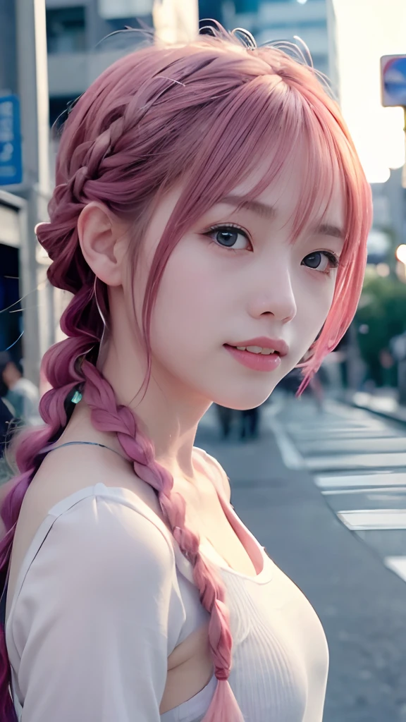 女の子1人、on tokyo street、natta、A city scape、city light、The upper part of the body、up close shot、Blue eyes,Full body,faces、(A smile:1.5)、small tits、Black long-sleeved uniform、(8K、Raw photography、top-quality、masterpiece:1.2)、(realisitic、photoRealstic:1.37), (Pink hair), Ear Hair, small tits, Single braid, (Single braid), (Side braid)