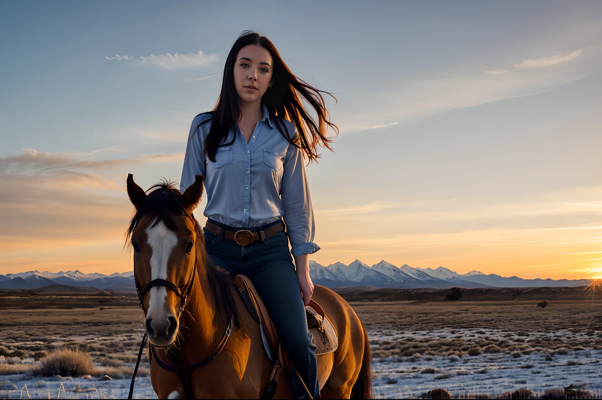 Frame by Angela White ((one character)) (25 years old) | wearing feminine cowboy clothes (jeans outfit, plaid shirt) ((loose and silky hair, piercing blue eyes, skin texture, enigmatic countenance, slim body, divine proportion)) | Riding a Mustang Horse | Alabama Hills location ((mountain with snow in the background)) | natural light, god rays, cinematic quality, cinematic frame, cinematic filters, sunset tone ((Arri Alexa 35 8k))