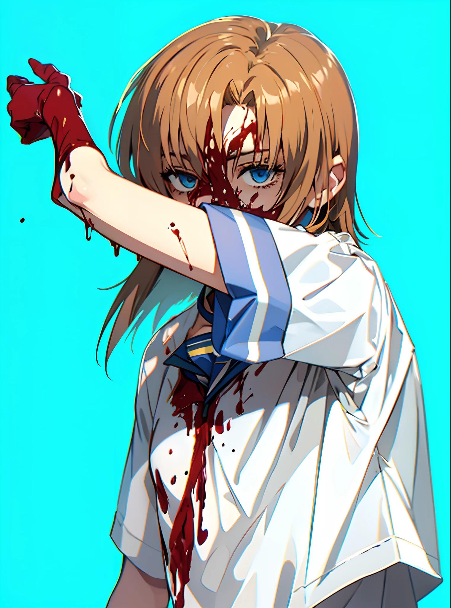 ryuuguu_rena highres 1girl arm_up blood blood_in_hair blood_on_clothes blood_on_face blood_on_hands blue_background blue_eyes blue_sailor_collar empty_eyes neckerchief orange_hair sailor_collar shading_eyes shirt short_hair short_sleeves simple_background solo upper_body white_shirt yellow_neckerchief