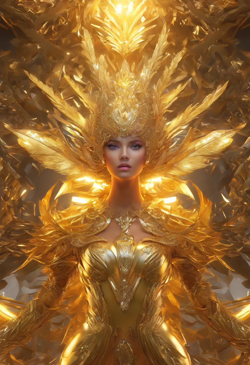 acid lighting, from below, hyperdetailed, hyper realistic, epic action full body portrait Incredible beautiful of Firebird girl with the merger between gold and fire, hypnotic opinion, fractal hair and feathers, detailed face | DamShelma | Bayard Wu, Ognjen Sporin, Yann Dalon, Toni Infante, Amr Elshamy, Viktor Miller-Gausa inquisitive soul | inspiration | gold colors, intricate detailing, surrealism, fractal details, enigmatic flirty smile, view from back, dressed in complex chaotic diamond outfit, artificial nightmares style, reflective eyes, detailed eyes, detailed art deco ornamentation, 32k