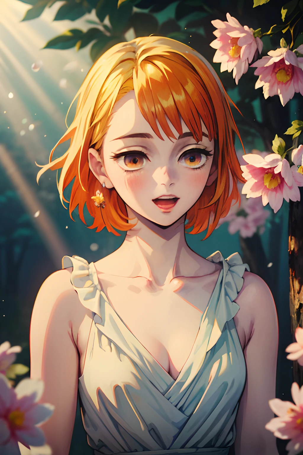 (highres,masterpiece:1.2),ultra-detailed,realistic,red-haired,orange-haired,blushing,upper body,highly detailed eyes,hired,clavicle,ruffled dress,open mouth,WeriArt style,flowers in the background,sunlight streaming through the trees,soft breeze,sparkling dewdrops,playful smile,rosy cheeks,natural beauty,dappled light,subtle shadows,ethereal atmosphere,vibrant colors,expression of joy,graceful pose,cheerful disposition,whimsical elements,vivid imagination,enchanting scene,emotional connection,artistic interpretation,nostalgic and dreamy,serene yet energetic,fascinating contrast between light and shadow,exquisite attention to detail