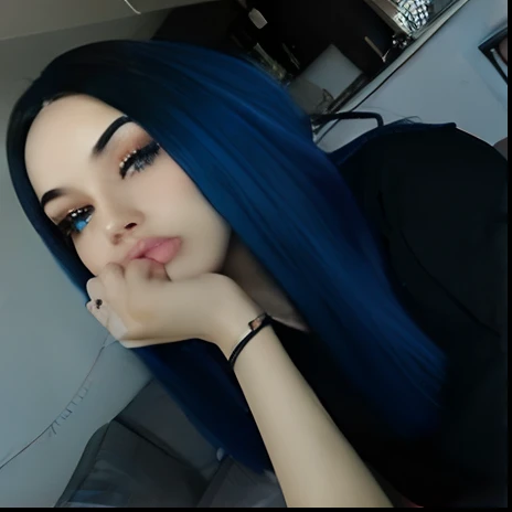 woman with blue hair and black shirt posing for a picture, dark blue hair, beautiful blue haired girl, 8K, Top Quality, Intricate Details, Ultra Detail, Ultra High Resolution, Cinematic, Photorealistic, Perfect, Perfect skin, Perfect face, Perfect body, Masterpiece, Art, Beauty, makeup, full lips