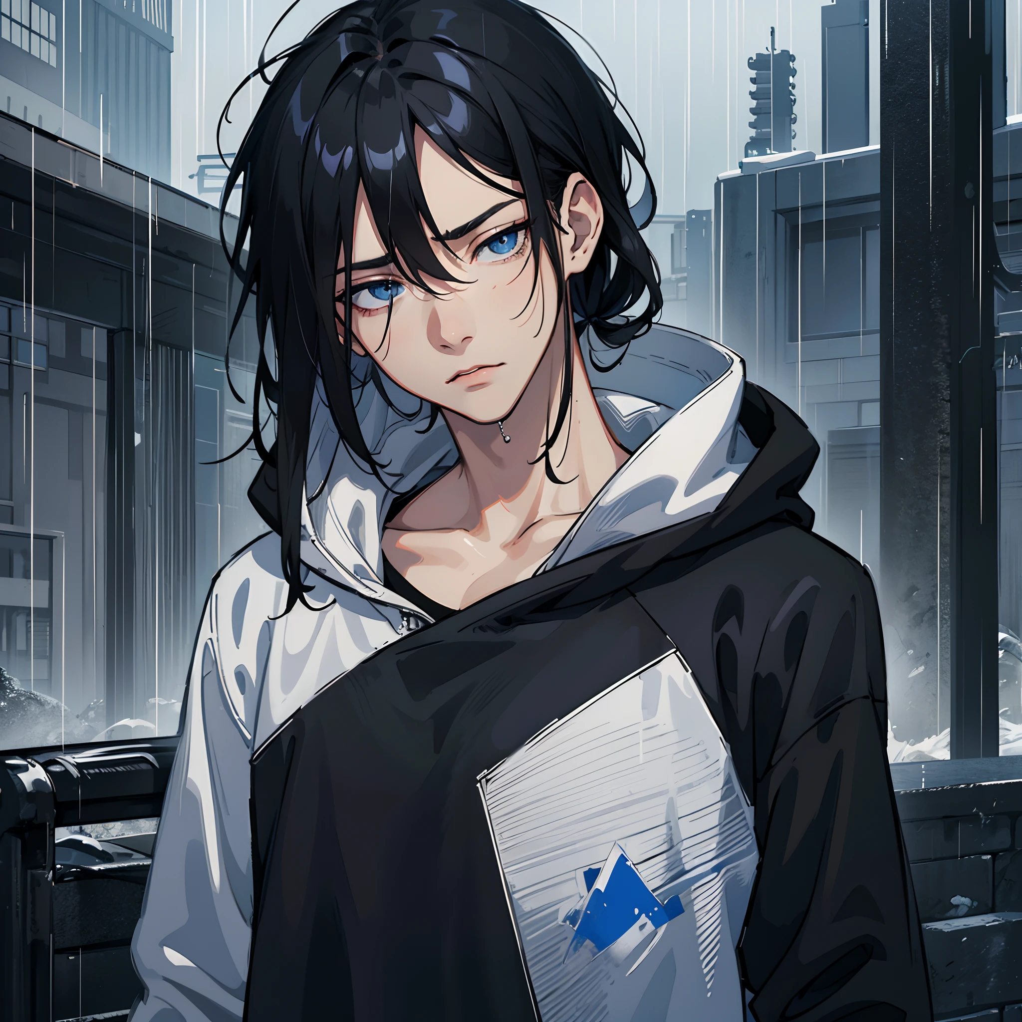 Sleepy eyes, blue eyes, eye bags, rain scenery, high quality, detailed, young man, messy layered black hair, rainy, face shot, glaring at camera, mullet, wearing black hoodie, bandages.