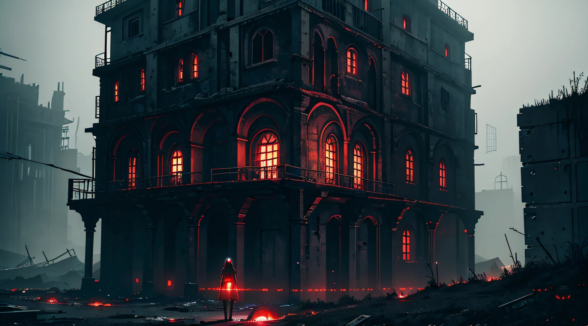highly detailed landscape, loneliness, gloomy, abandoned vault, old wooden crates, dark endless concrete labyrinth, lots of mechanical spiders around, glowing red spider eyes, gloomy atmosphere, dystopian, highly detailed, highly detailed lighting, cold lighting, black sky, dusty, hopeless, dark girl, (dark black skin) girl, ashen girl