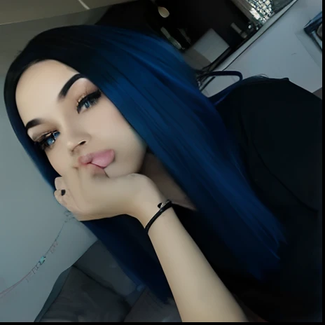 woman with blue hair and black shirt posing for a picture, dark blue hair, beautiful blue haired girl, 8K, Top Quality, Intricate Details, Ultra Detail, Ultra High Resolution, Cinematic, Photorealistic, Perfect, Perfect skin, Perfect face, Perfect body, Masterpiece, Art, Beauty, full lips