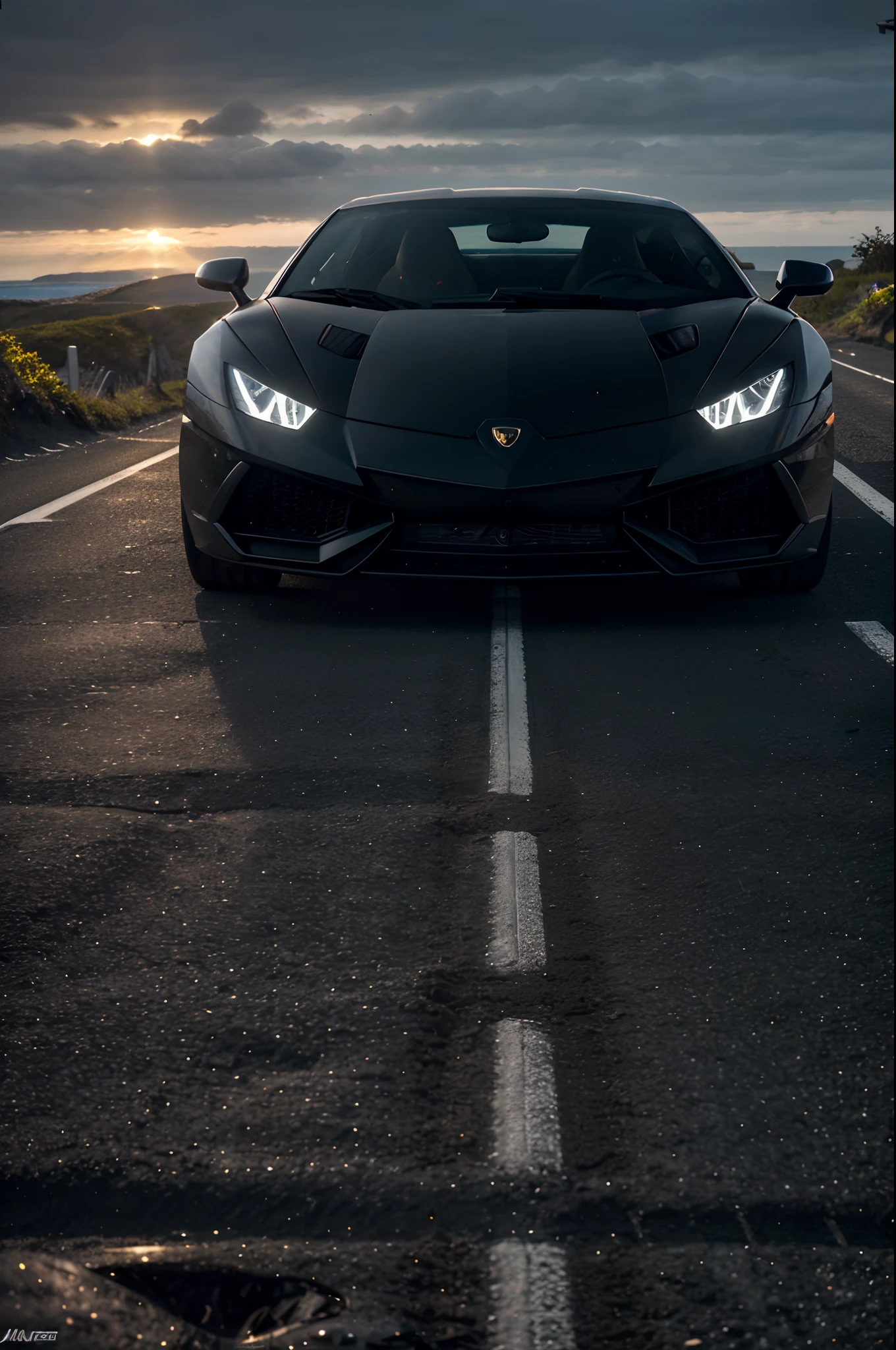 close up de um carro Lamborghini, preto, com os raios solares de um lindo entardecer incidindo sobre ele na estrada Atlantic Road, na Noruega ultra detalhado, Ultra Definition, 8K Resolution, 4D, cores vibrantes, fotorealismo