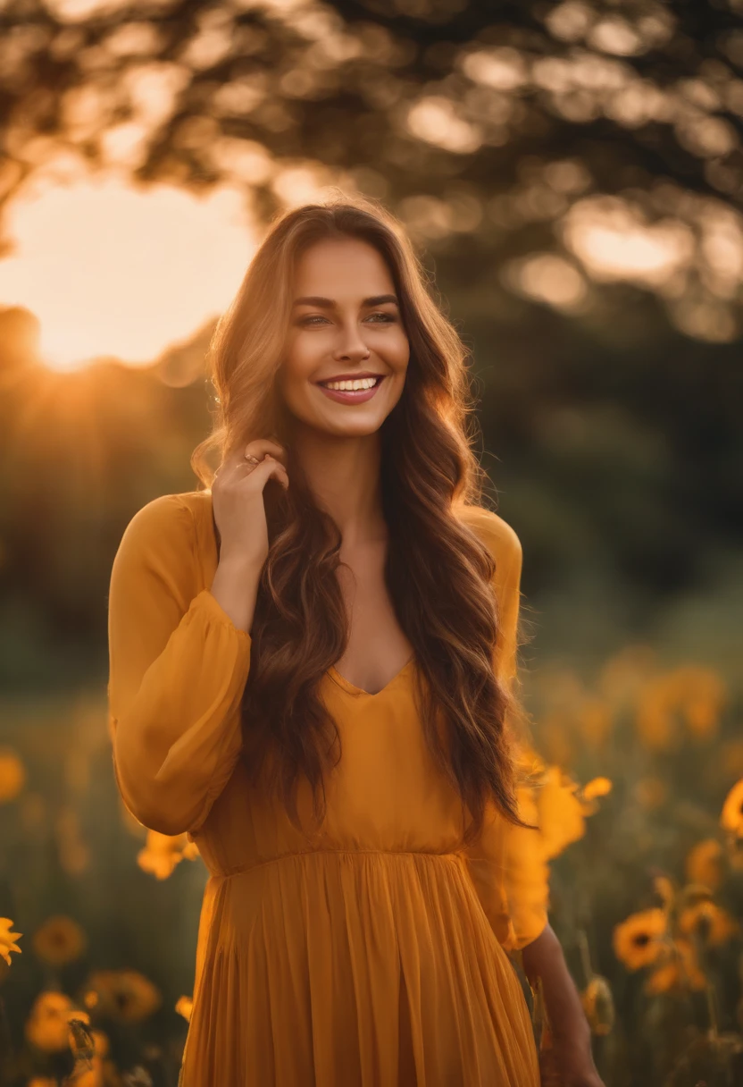 Criar imagem de mulher alegre e sorridente, realista, passeando num campo florido, com um por do sol dourado.