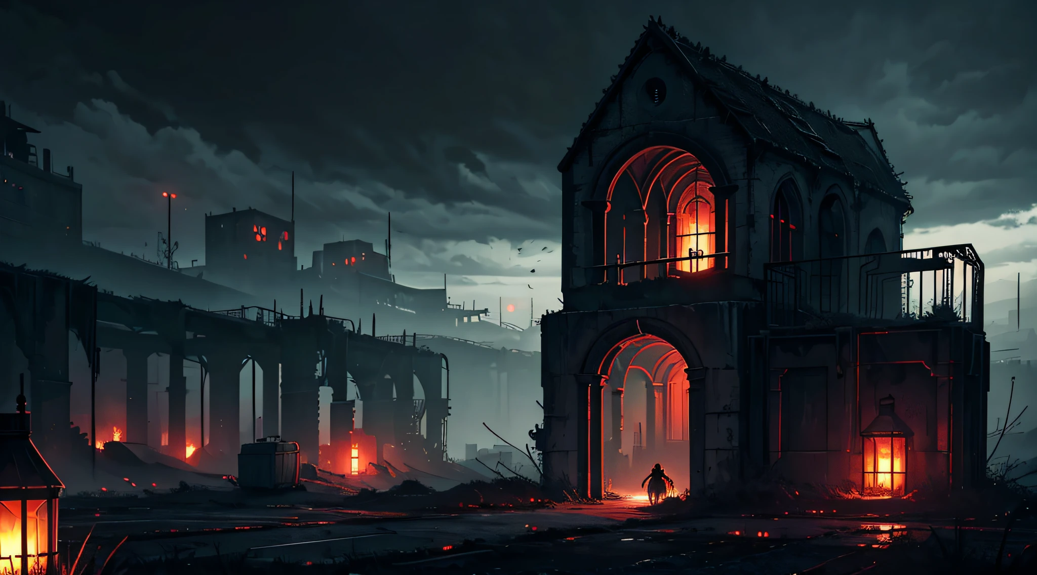 highly detailed landscape, loneliness, gloomy, abandoned vault, old wooden crates, dark endless concrete labyrinth, lots of mechanical spiders around, glowing red spider eyes, gloomy atmosphere, dystopian, highly detailed, highly detailed lighting, cold lighting, black sky, dusty, hopeless, dark girl, (dark black skin) girl, ashen girl