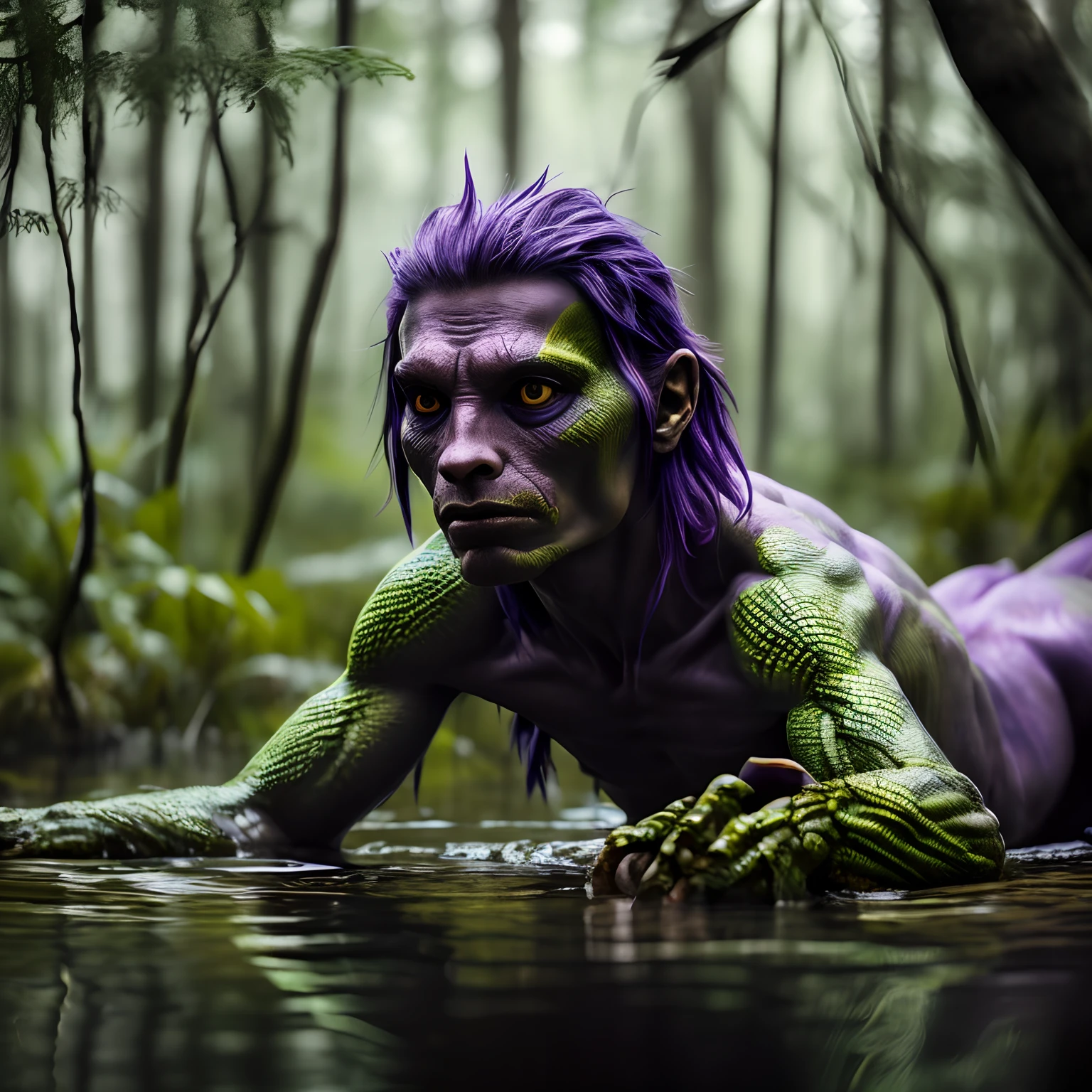 (((Masterpiece))) photo of a human-lizard hybrid, menacingly, lizard eyes, purple skin, escamas no corpo, big claws, swamp forest, high detail, 8k, ultra realistic