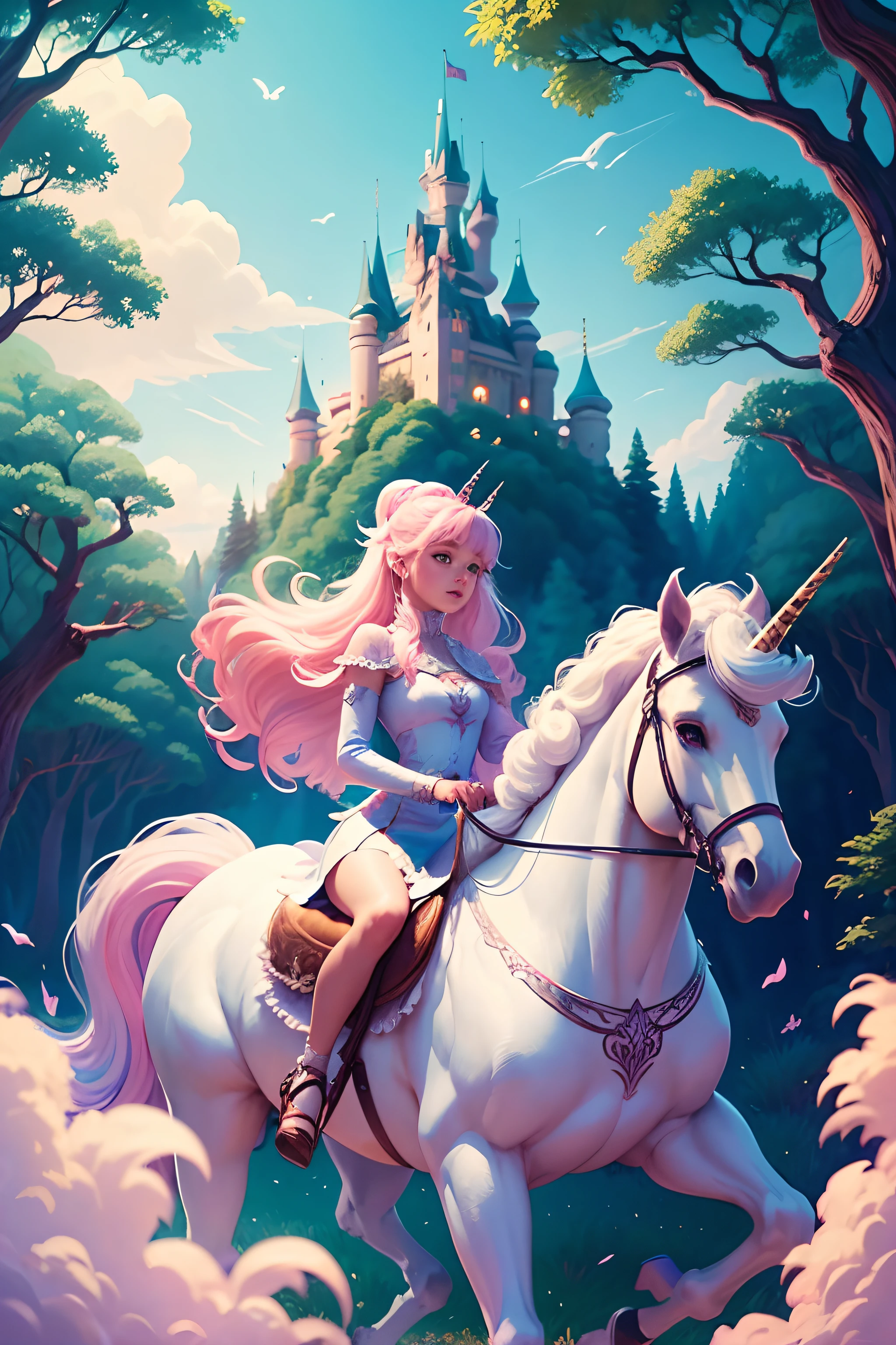 a cartoon girl riding a unicorn through a forest with a castle in the background, riding a unicorn, jen bartel, fairy-tale illustration style, colorful kids book illustration, fairytale illustration, fairytale artwork, woman riding a flying unicorn, colorful illustration, fairy tale illustration, kids book illustration, fairytale painting, children book illustration, fairy tale illustrations