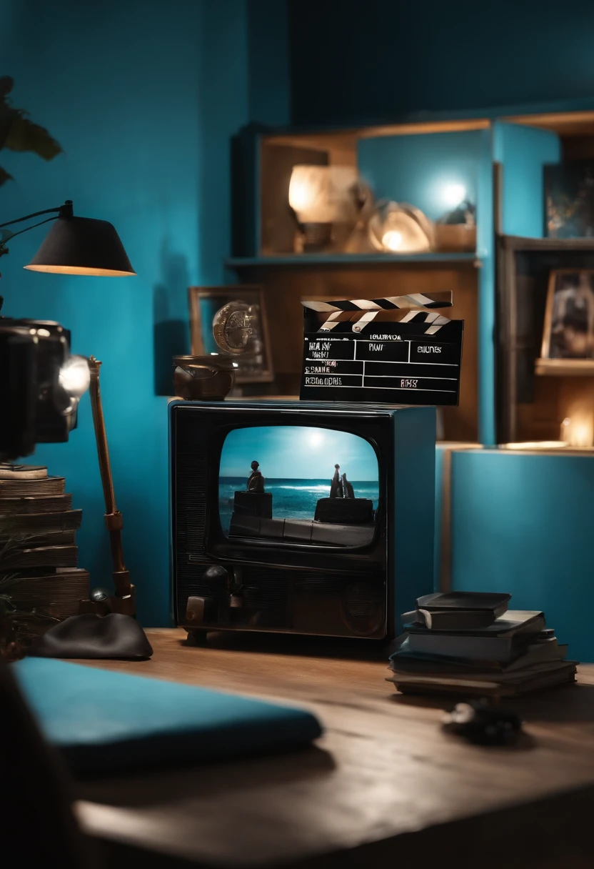 imagem realista de uma parede com luz azul de fundo com uma estante de 4 partes com uma claquete e coisas de cinema