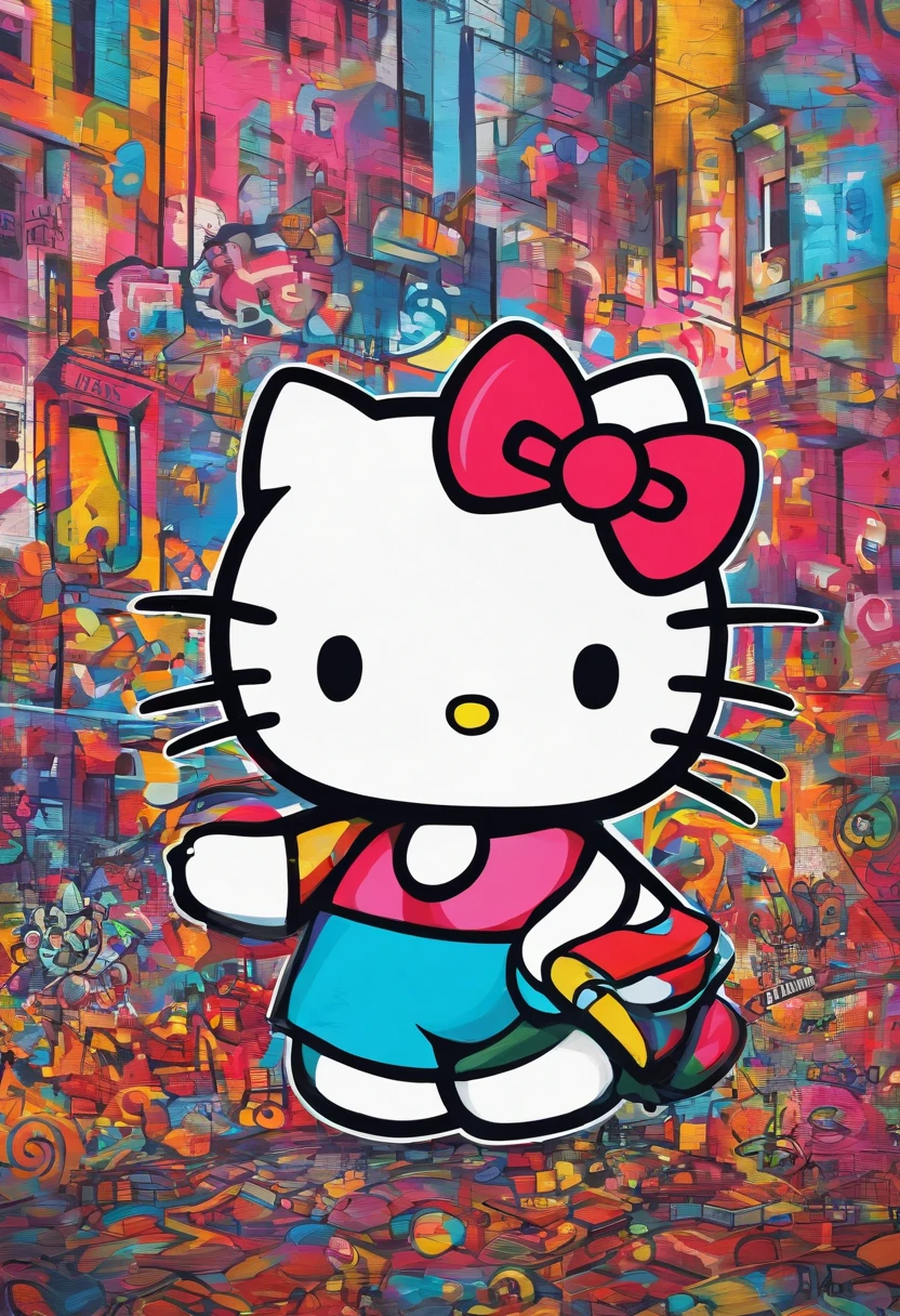 uma pintura da hello kitty, cinnamonroll, estilo Van Gogh.