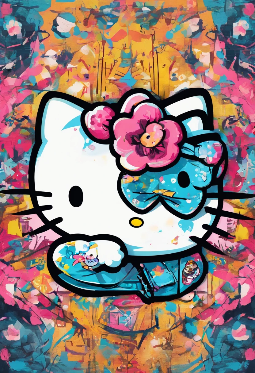 uma pintura da hello kitty, cinnamonroll, estilo Van Gogh.