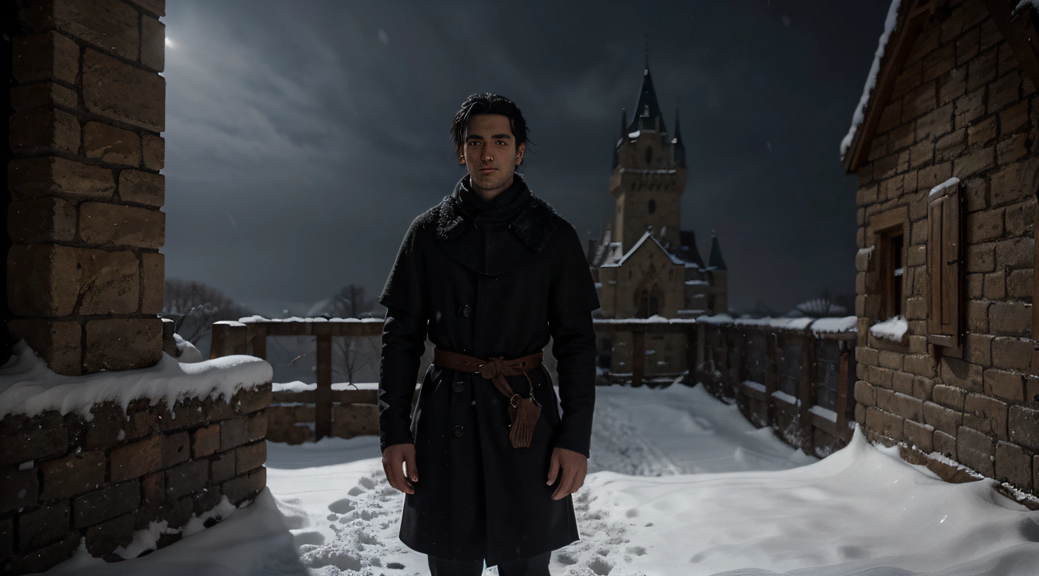 handsome young gypsy man with black hair and blue eyes standing in the shadows of a snowy castle balcony, medieval Hungary, midnight, snow storm, eerie, scary, mysterious, suspense, cinematic, 8k, cinematic scene from film,