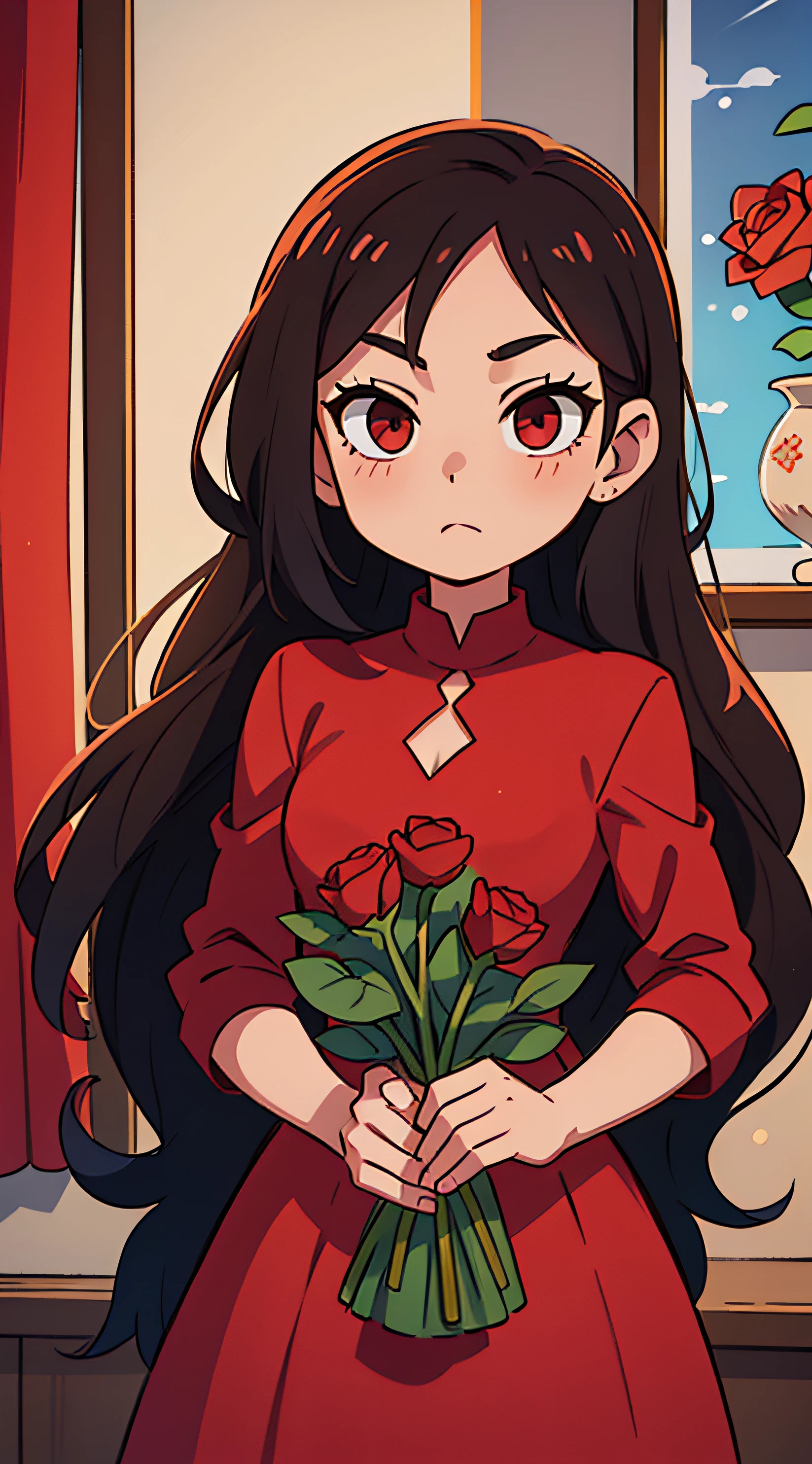 Girl with long brown hair, long red dress. Man with black hair in black suit. red roses. Date. the night