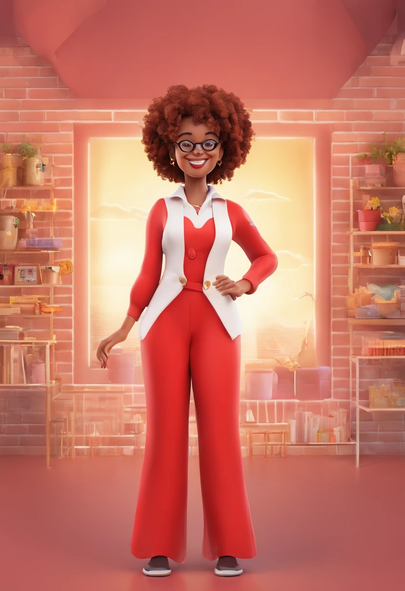Como uma Imagem de um Cartaz de filme estilo pixa/Disney, em 3d, title "Oi, eu sou a Babi da EyXo!" And the Disney symbol. A white girl with red curly hair reaching her shoulders, his eyes are black, Her skin color is light, She wears prescription glasses, sorriso malicioso, She's got a shock coming out of her hand, She is dressed in a red and white jumpsuit. Behind it is an e-commerce