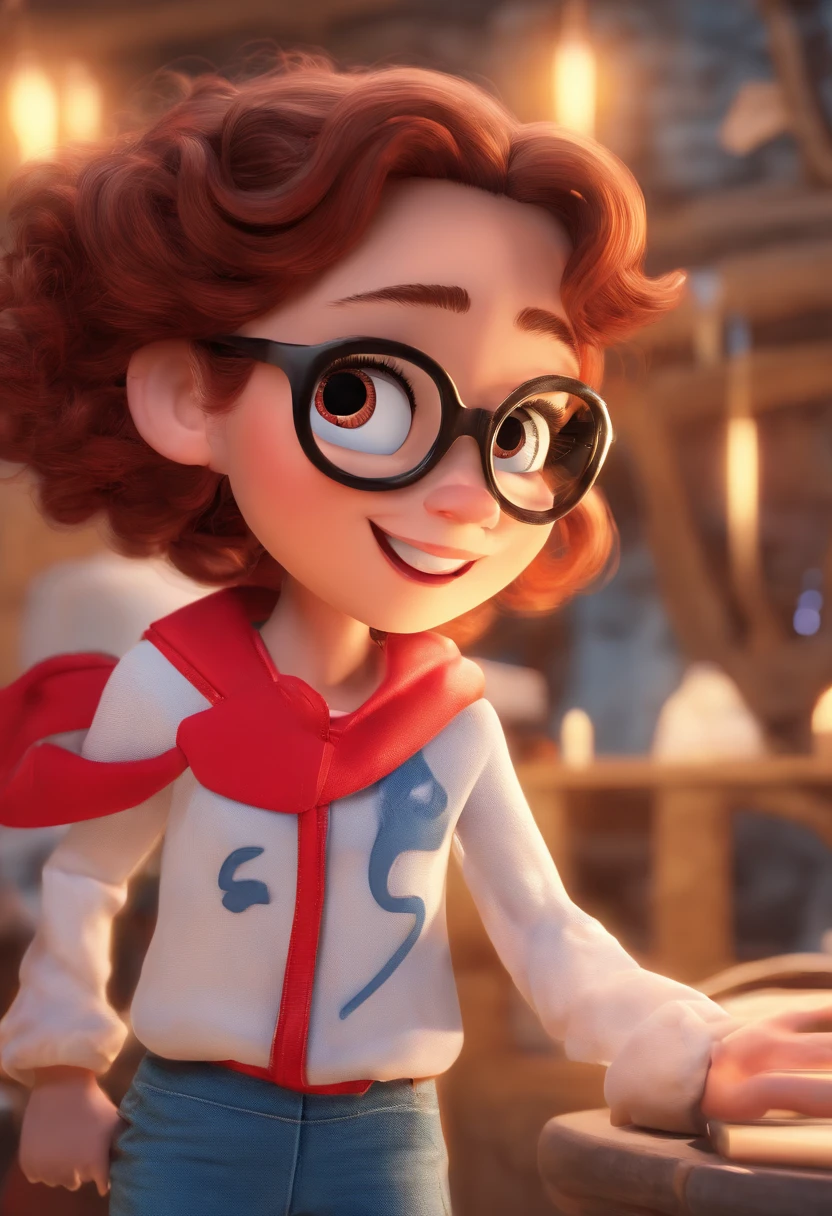 Como uma Imagem de um Cartaz de filme estilo pixa/Disney, em 3d, title "Oi, eu sou a Babi da EyXo!" And the Disney symbol. A white girl with red curly hair reaching her shoulders, his eyes are black, Her skin color is light, She wears prescription glasses, sorriso malicioso, She's got a shock coming out of her hand, She is dressed in a red and white jumpsuit. Behind it is an e-commerce