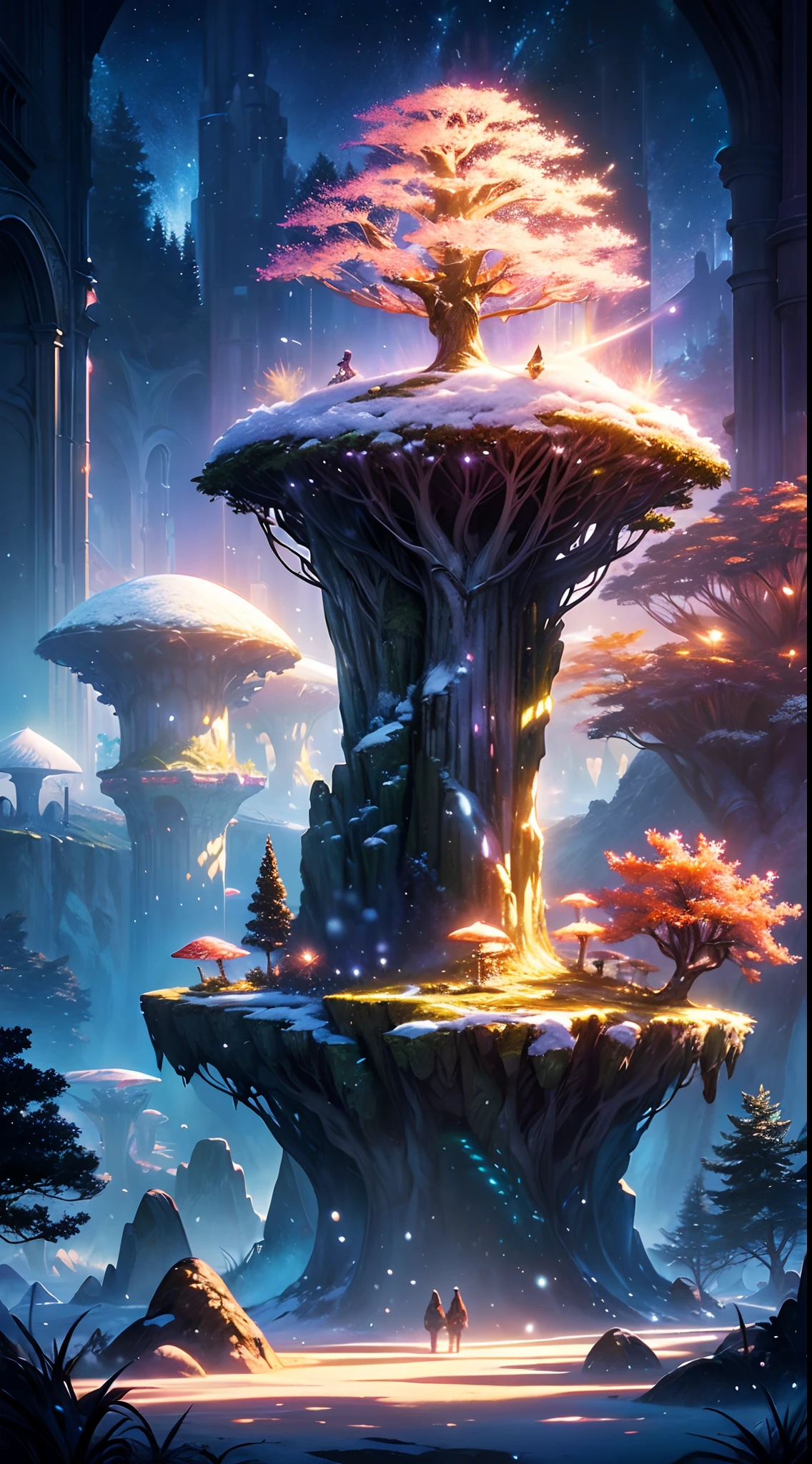 (Magical Digital Artwork:1.3), (masterpiece), a magical florest, gorgeous landscape, strange trees, magical glow, adventure, , snow, (florest:1.3),cinematic, mushrooms,, (ciano glow:1.3), artstation, fantasy, epic, (light particles:1), (night:1.3), snow, a eery atmospere, nature texture,grass, rocks,