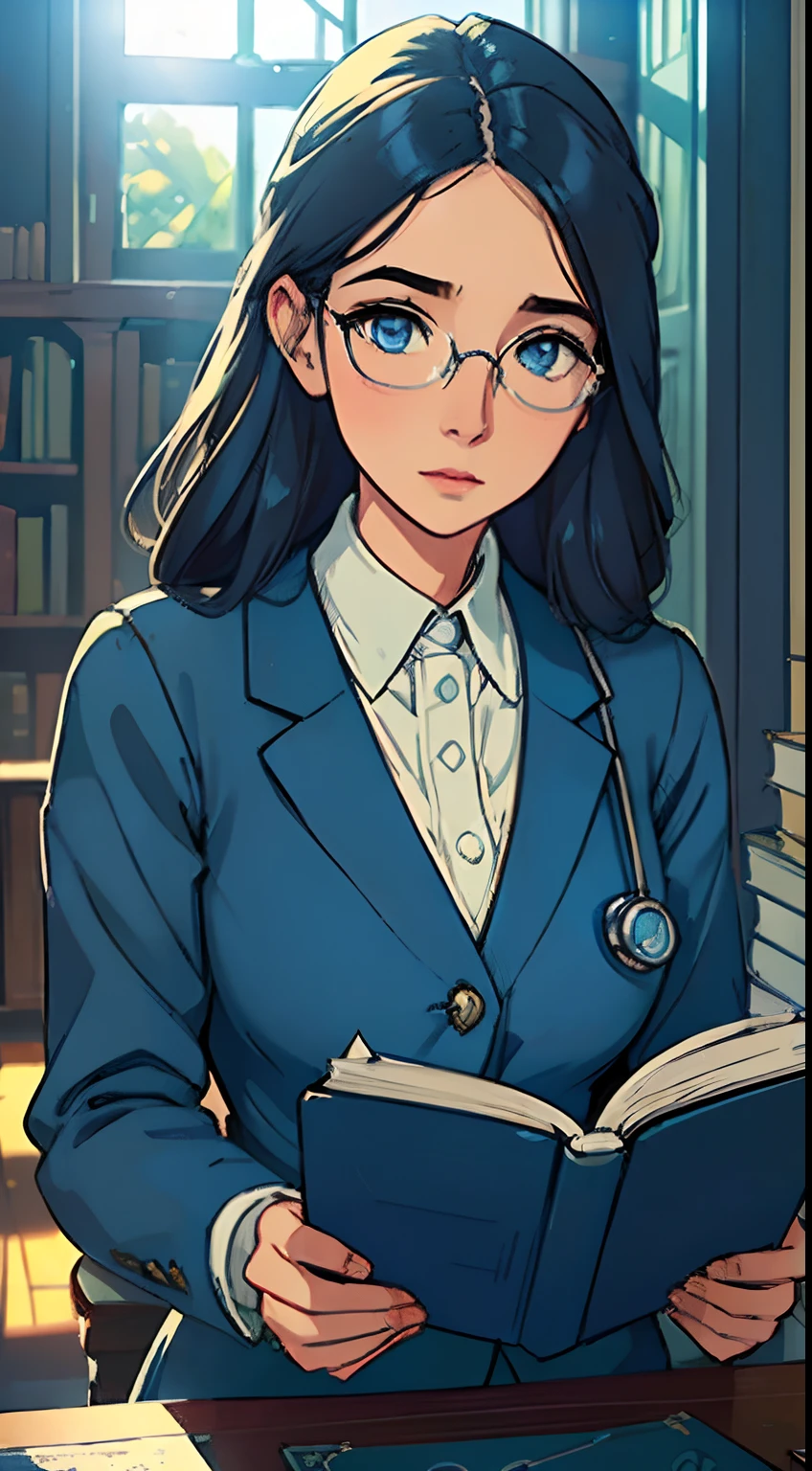 (infp young woman, Glasses, Eyes and faces with detailed, Gentle face, which are full of confidence, Blue eyes, Blue vibes enveloping her) ( Therapist, doctor ), (old library), (Reading a book, Focused), (Sunlight streaming through the window), (serene ambiance), (Vintage, classical), (Warm color palette), (Gentle lighting)