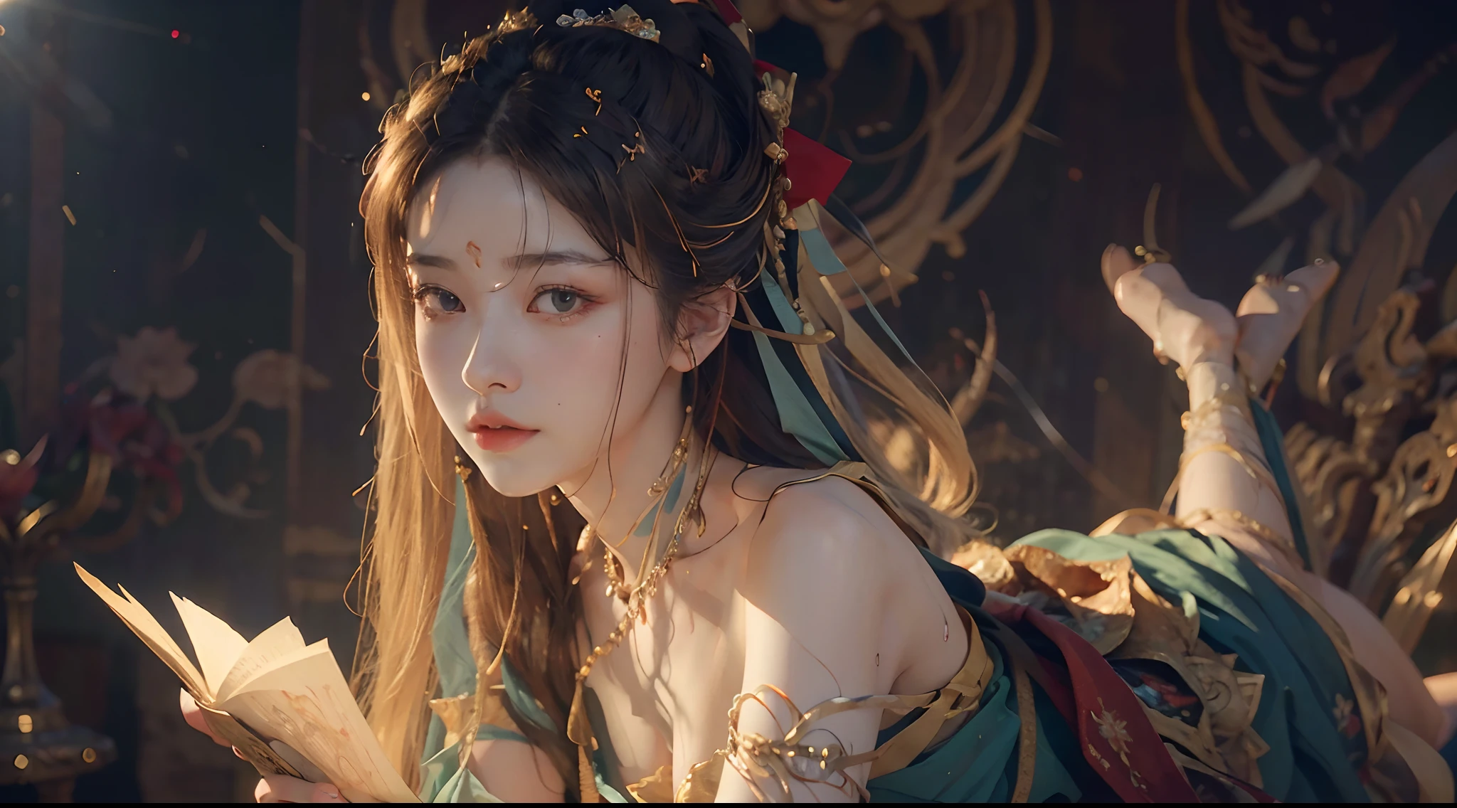 nsfw,(RAW photo, best quality),(realistic, photo-realistic:1.3),best quality,highly detailed,masterpiece,ultra-detailed,illustration,1girl,upper_body,dynamic angle,world masterpiece theater,messy_long_hair,best quality,extremely detailed CG unity 8k wallpaper,ink,Amazing,cinematic lighting,lens_flare,dunhuang_style,