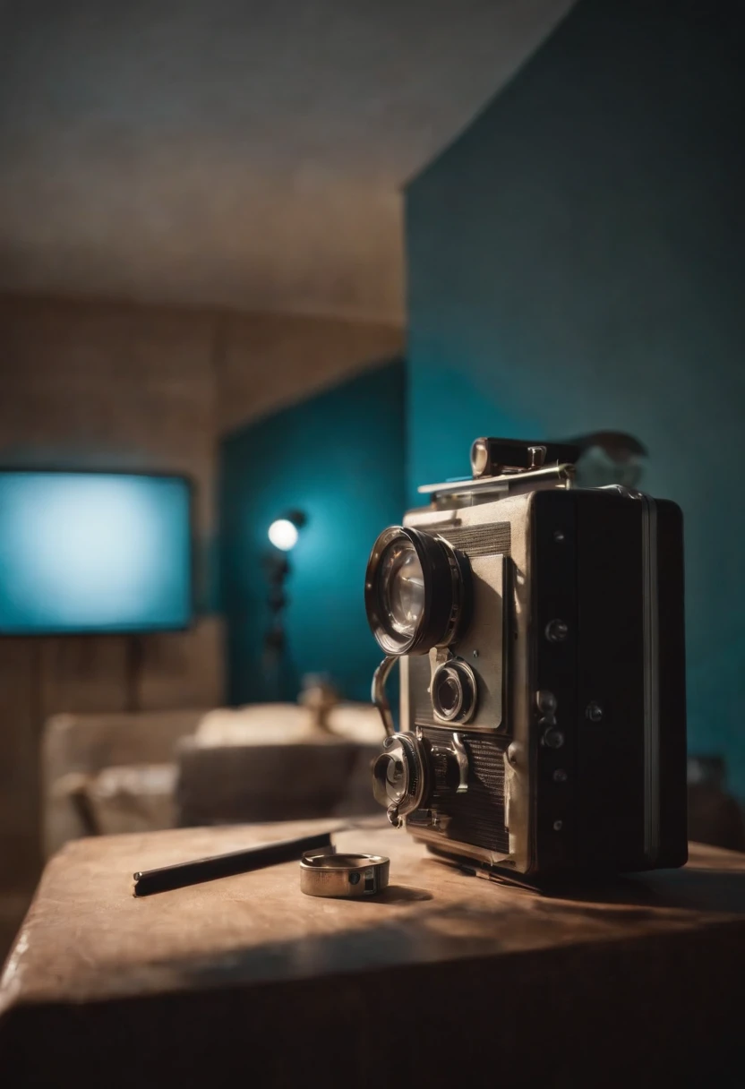 parede com luz azul de fundo com uma estante de 4 partes com uma claquete e coisas de cinema