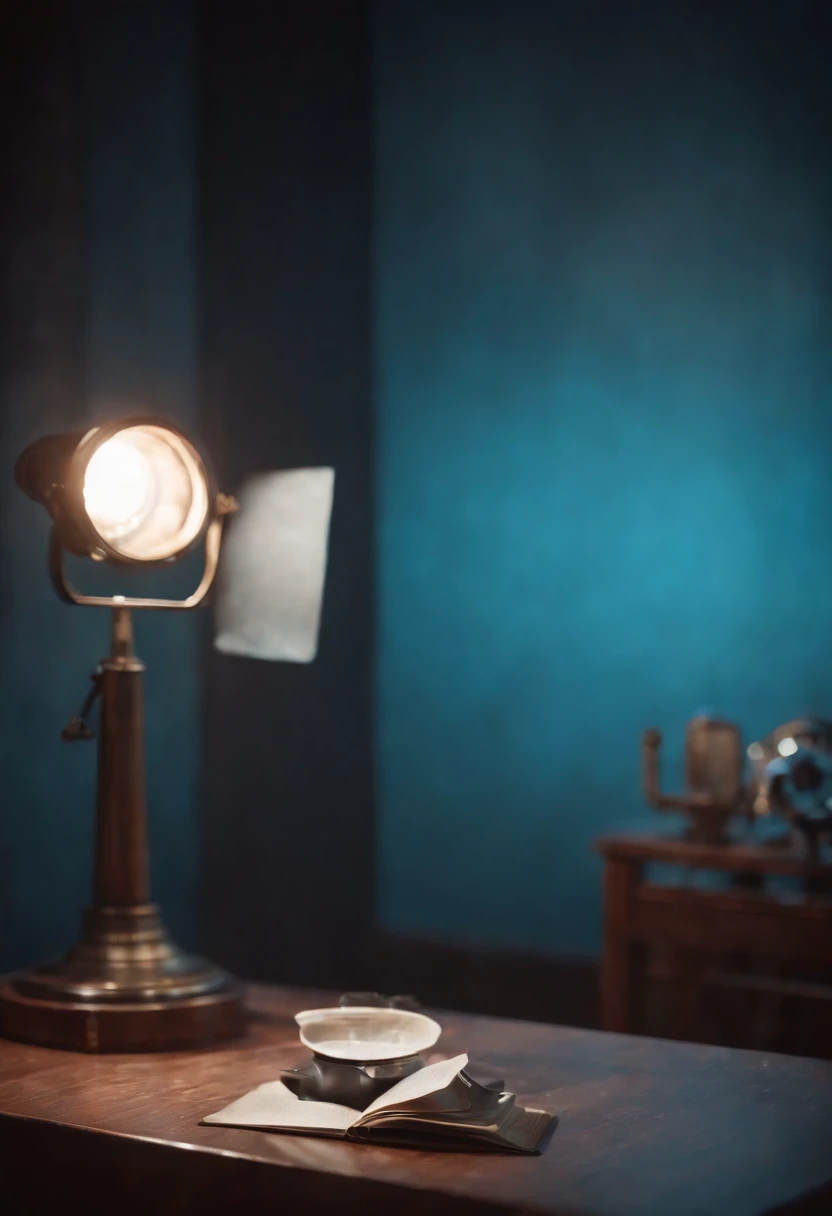 parede com luz azul de fundo com uma estante de 4 partes com uma claquete e coisas de cinema