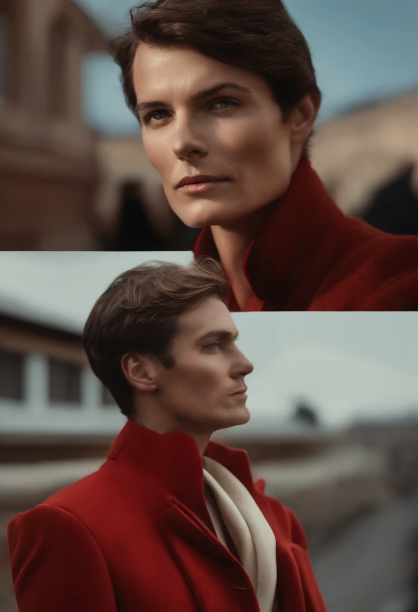 Un homme Handom (en rouge:1:1), (Dans le style de Patrick Demarchelier). porter une veste, Grand et en forme, (40 ans:1.1), (shaven:1.2), (cheveux bruns courts:1.5),(very short hair:1.6). in the style of ethereal beauty, Realistic blue sky, Hasselblad 1600F, Hyperrealistic portrait, couleurs vives, Lignes dynamiques, lisse et poli .