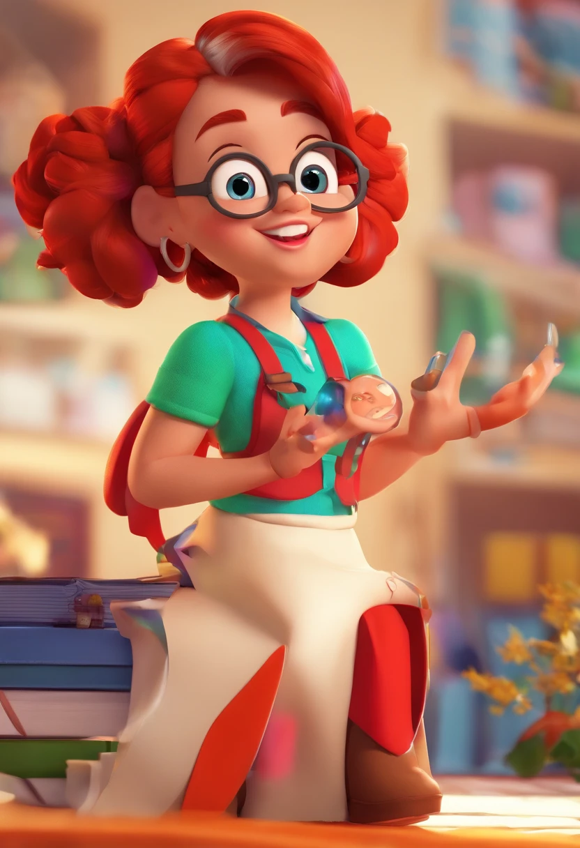 Como uma Imagem de um Cartaz de filme estilo pixa/Disney, em 3d, title "Oi, eu sou a Babi da EyXo!" And the Disney symbol. A white girl with red hair reaching her shoulders, his eyes are black, Her skin color is light, She wears prescription glasses, sorriso malicioso, She's got a shock coming out of her hand, She's dressed in a red jumpsuit