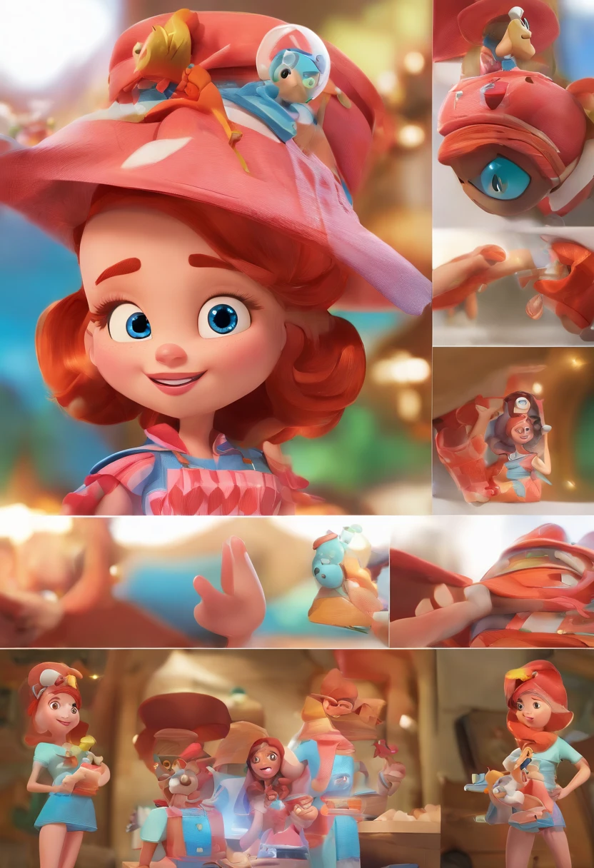 Como uma Imagem de um Cartaz de filme estilo pixa/Disney, em 3d, title "Oi, eu sou a Babi da EyXo!" And the Disney symbol. A white girl with red hair reaching her shoulders, his eyes are black, Her skin color is light, She wears prescription glasses, sorriso malicioso, She's got a shock coming out of her hand, She's dressed in a red jumpsuit
