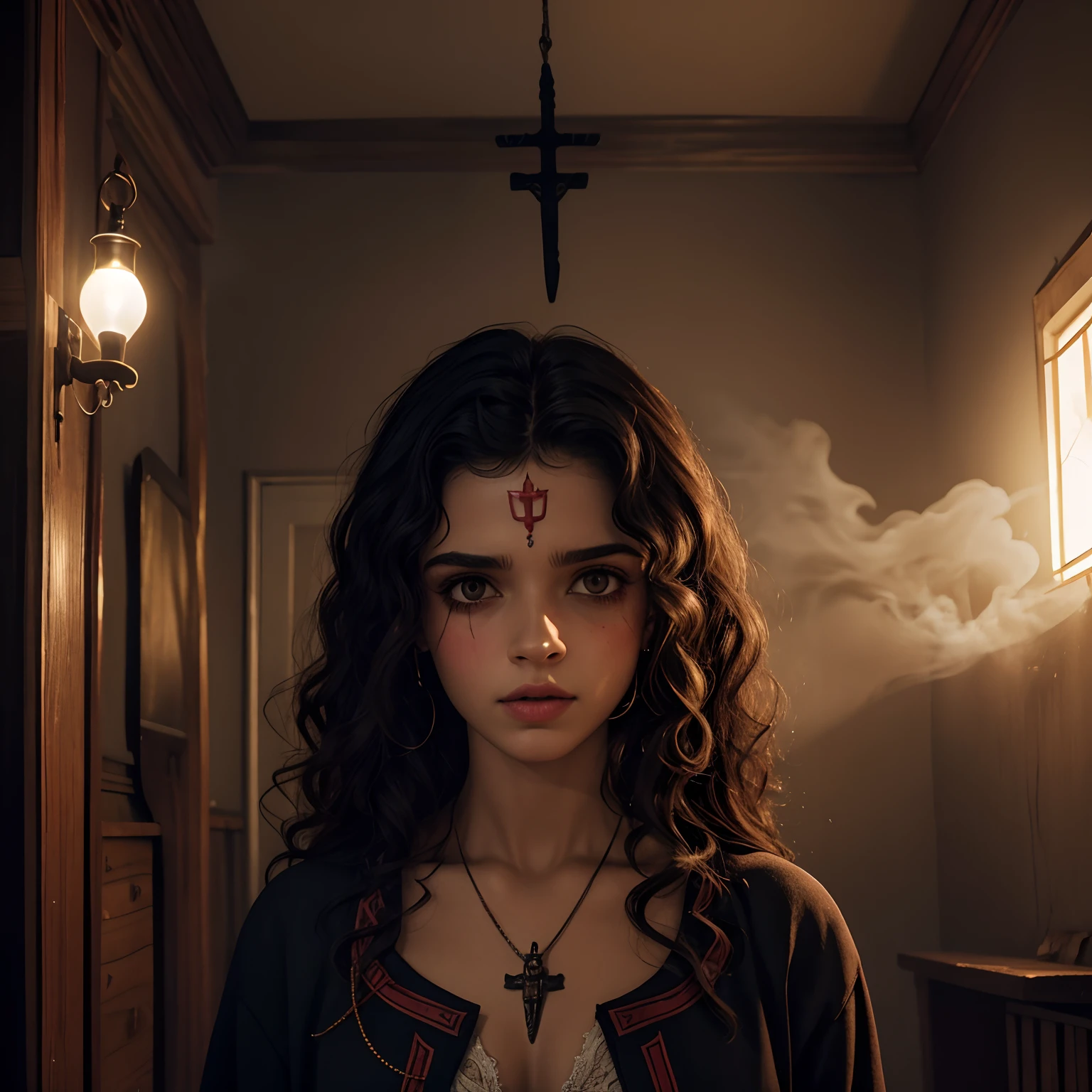 Rosto de uma freira malvada cheio de marcas e rugas no estilo filme de terror, com olhos bem vermelhos, boca aberta gritando, ambiente escuro, sangue pingando, Room full of upside-down crucifixes, lots of smoke around, horror, roupa de freira com decote e peitos grandes