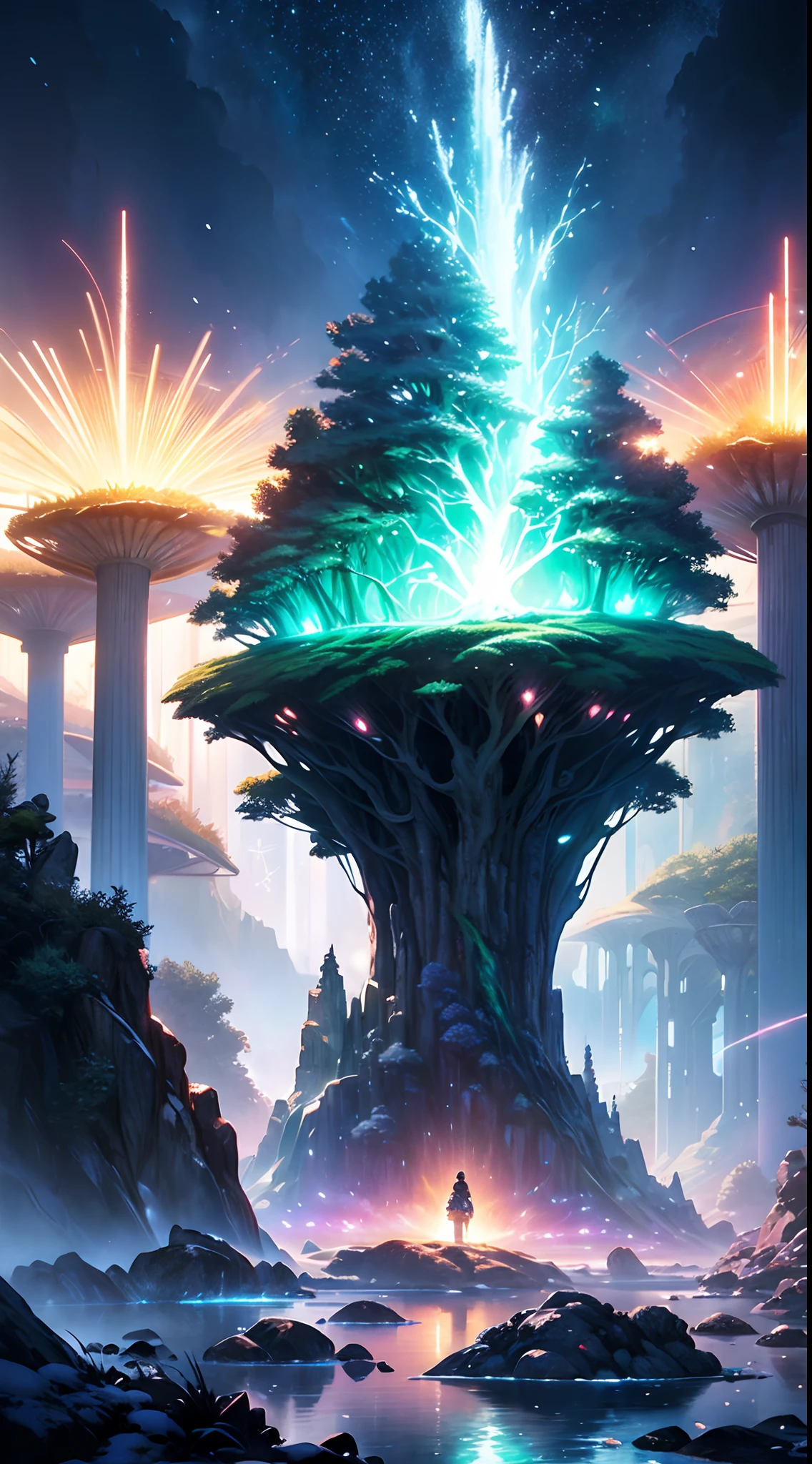 (Magical Digital Artwork:1.3), (masterpiece), a magical florest, gorgeous landscape, strange trees, magical glow, adventure, , snow, (florest:1.3),cinematic, mushrooms,, (ciano glow:1.3), artstation, fantasy, epic, (light particles:1), (night:1.3), snow, a eery atmospere, nature texture,grass, rocks, radioactive, spectral,crazy, alllien asthetic, breath taking,amazing