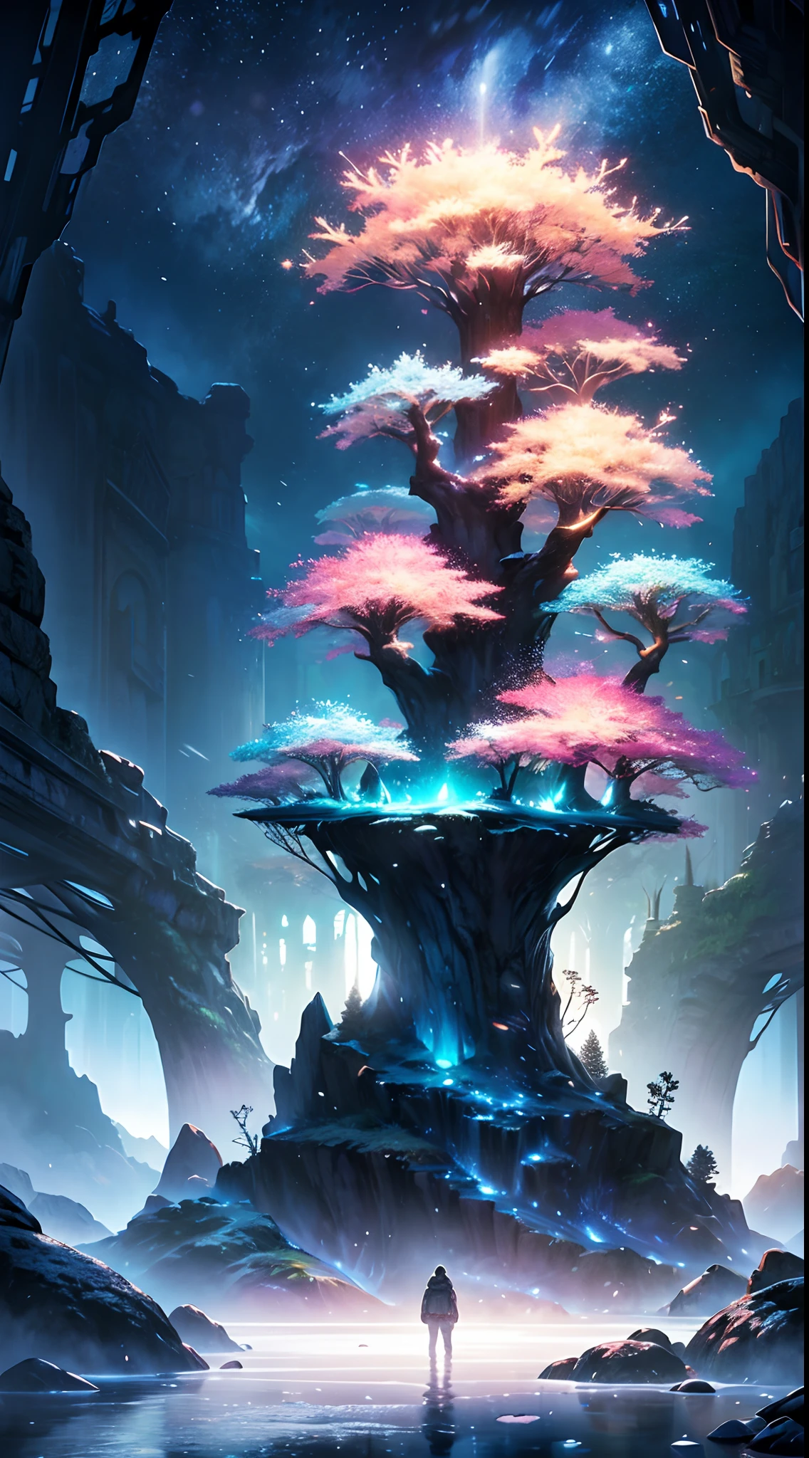 (Magical Digital Artwork:1.3), (masterpiece), a magical florest, gorgeous landscape, strange trees, magical glow, adventure, , snow, (florest:1.3),cinematic, mushrooms,, (ciano glow:1.3), artstation, fantasy, epic, (light particles:1), (night:1.3), snow, a eery atmospere, nature texture,grass, rocks, radioactive, spectral,crazy, alllien asthetic, breath taking,amazing