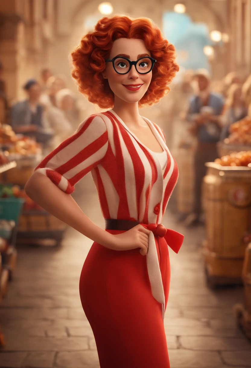 Como uma Imagem de um Cartaz de filme estilo pixa/Disney, em 3d, title "Oi, eu sou a Babi da EyXo!" And the Disney symbol. A white girl with red curly hair reaching her shoulders, his eyes are black, Her skin color is light, She wears prescription glasses, sorriso malicioso, She's got a shock coming out of her hand, She is dressed in a red and white jumpsuit. Behind it is an e-commerce