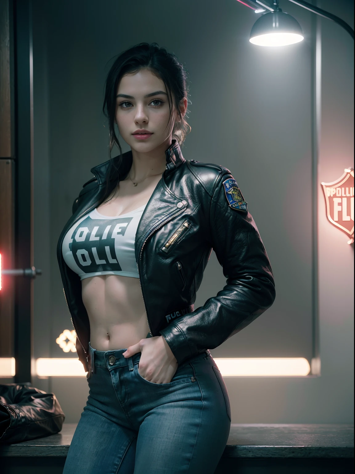 27 years old, gorgeous cute Russian girl, smirk, freckles, (Portrait of natlp as a beautiful female model, georgia fowler, beautiful face, with short dark brown hair, in cyberpunk city at night. She is wearing a leather jacket, black jeans, dramatic lighting, (police badge:1.2), good young girl, (masterpiece:1.0),(best_quality:1.0), ultra high res,4K,ultra-detailed, photography, 8K, HDR, highres, absurdres:1.2, Kodak portra 400, blurry background, bokeh, lens flare, (vibrant_color:1.2),professional photograph, (beautiful_face:1.5),(narrow_waist).