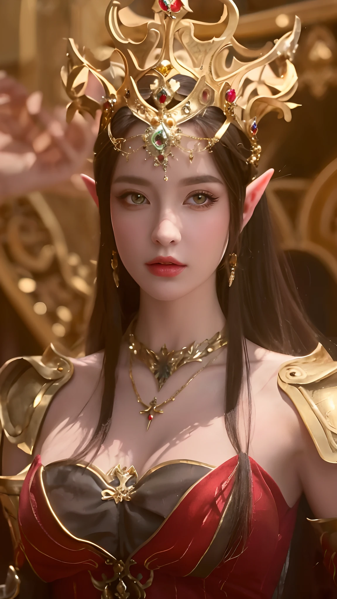 a close up of a woman in a red dress with a gold crown, beautiful and elegant elf queen, a beautiful fantasy empress, portrait of an elf queen, ((a beautiful fantasy empress)), alluring elf princess knight, an elf queen, she has elf ears and gold eyes, elf queen, elf princess, beautiful elven princess