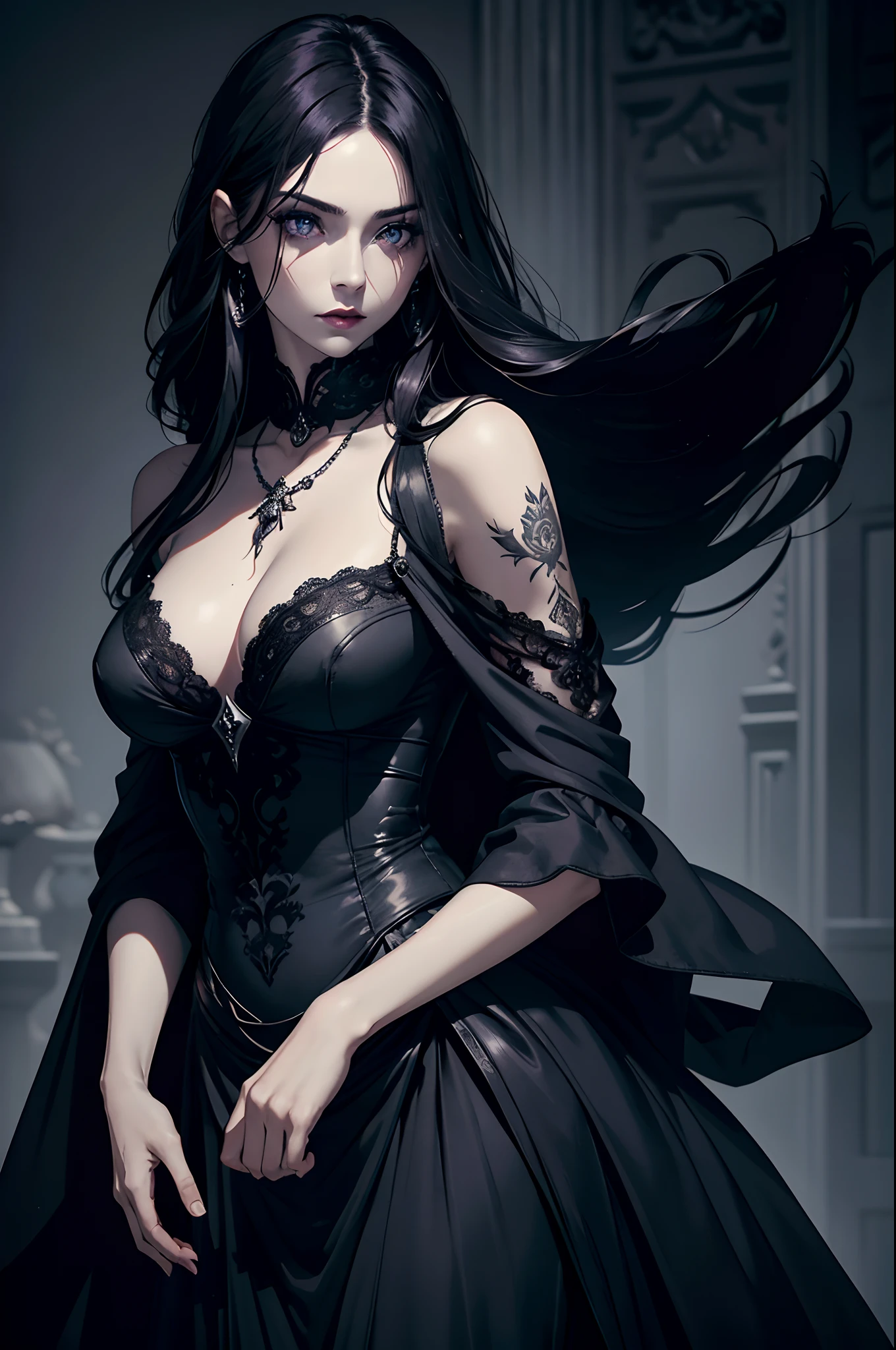 (best quality,4k,8k,highres,masterpiece:1.2),ultra-detailed,(realistic,photorealistic,photo-realistic:1.37),dark hair,white young woman,Linda,goth,black eyes,long hair,black dress,porcelain skin,beautiful detailed lips,intense gaze,pale complexion,shoulder-length hair,straight hairstyle,dark lipstick,straight posture,mysterious expression,piercing gaze,unique style,bold eyeshadow,dark gothic makeup,silver necklace,tattoo on her wrist,dark and moody background,intense shadows,vibrant contrast,emphasize Linda's features,emphasis on her eyes,dramatic lighting,low-key lighting,color grading in cool tones,hint of purple undertones,dark and ethereal aesthetic,haunting and enchanting atmosphere,Renaissance-inspired styling,graceful and elegant pose,make Linda the focal point,slightly blurred background,creating depth,subtle wisps of fog,adding a touch of mystery,depth and dimension to the image,finely textured details,soft and subtle highlights,long flowing dress,billowing fabric,subtle lace details,flowing in the wind,adding movement to the scene,silhouette against the moonlight,ethereal glow,creating a dreamlike ambiance,an air of sophistication,Absence of bright colors,muted tones,rich and deep blacks,creating a visually compelling image,perfectly balanced composition.