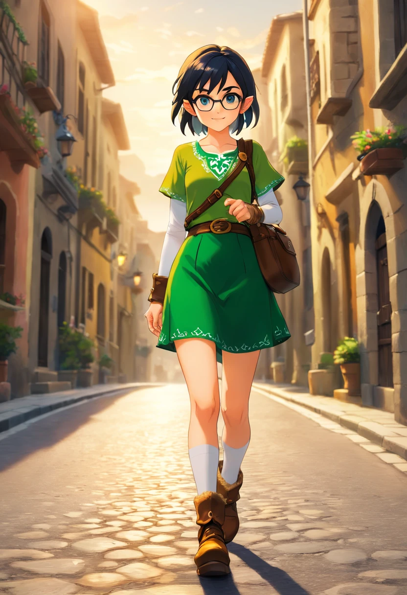 mdjrny-v4 style full length of photo of a ultra realistic beautiful cute girl, oval face, use glasses, short black hair, extremely detail, smile and funny, walk on the road, 17 years old, natural light, pale sunrise, cinematic lighting, low angle, 4k, hyper realistic, focused, extreme details