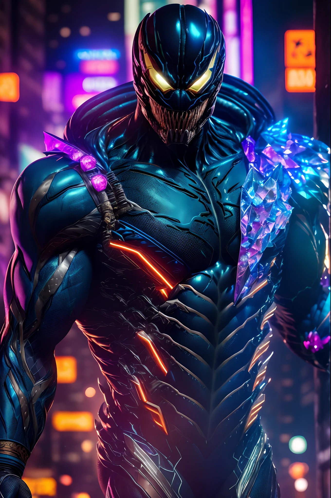 neon portrait of venom from Marvel, photorealistic painting, intricate, 8K, very detailed, three-dimensional lighting, digital painting, sharp and intense focus, works by Artgerm E. Rutkowski and Alphonse Mucha, CGsociety