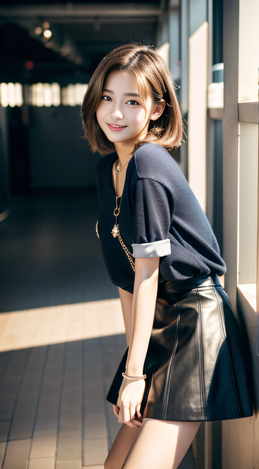 (((32K,very high res, high detailing, highly accurate,Maiden 1:1.5))),Raw photo & realistic atmosphere,beautiful dark blue eyes,Detailed mouth,Glossy lips,Detailed eyebrows,Soft white skin that shines with every detail,,Eyes drawn in detail、Very beautiful eyes with azure eyes,Detailed lips、Very beautiful face,Very well-formed face、Lifelike face,shiny beautiful lips,Beautiful eyebrows,Infinite reality,Best design,(Insanely cute Japan 16-year-old high school girl,,Beautifully shaped breasts,Very cute beautiful girl,Little Girl,Healthy body,Outstanding style:1.5),Best Natural Makeup,Japanese ido,Korean Idols,Young sensual idol,Moist eyes,Dark Beautiful Deep Eyes,Beautiful butt,beauty legs,,camel's foot,:1.3),超A high resolution、,Natural and realistic face,Back lighting,Pure eyes are too cute,(((photorealisim,Photograph the whole body))),,Reality Live Action,(Fashionable earrings,,a necklace,A bracelet,gyuru,Glossy nail art,American Street Winter Fashion,outer,Unique skirt,Leather shoes,Calm and fashionable girl,light brown hair,short-hair,独奏,Lori,little smiling,full body Esbian,Show full-body fashion,Sit up,Show me your leather shoes, Only beauty young cute 15 year old girl,15-year-old girl with beauty and charisma,Teenage fashion magazine shoot,K-POP hobbyist,Fashion that seems to be in Koreatown,Revealing clothing:1.7),Shin-Okubo's Koreatown