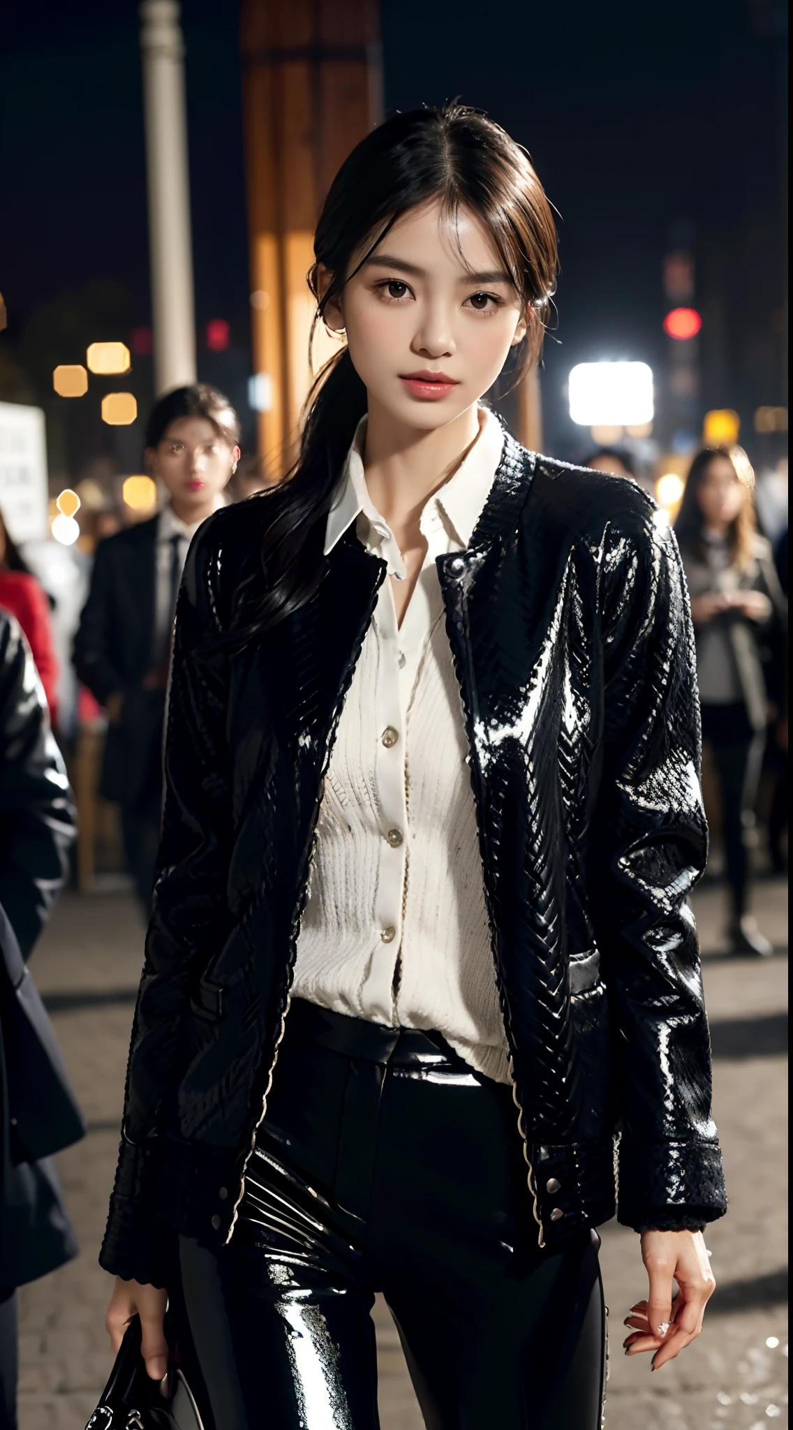 (shoulder length straight short black hair:0.8), （Extremely meticulous CG 8k wallpaper),16k,(Extremely refined and beautiful），（Masterpiece），（best qualtiy：1.0），（Ultra High Resolution：1.0），beautiful light up，Perfect lightning，realistic shaded，[A high resolution],(Smooth and flawless fair skin:1.5),(shiny skin:1.5),Extremely exquisite facial details,(perfect body：1.1),ultra - detailed,A beautiful girl,small head,(Small breasts:1.1),Flat chests，slim，thin，Smile，cheerfulness,(black woolen Chanel inspired jacket:1.5),(white collared shirt:1.3),(black pants:1.4),(white sneakers:1.2),slender legs,(nightfall:1.5),Sunset light,(Surrounded by a crowded crowd:1.5),At the school gate,standing,from front,close-up of upper body